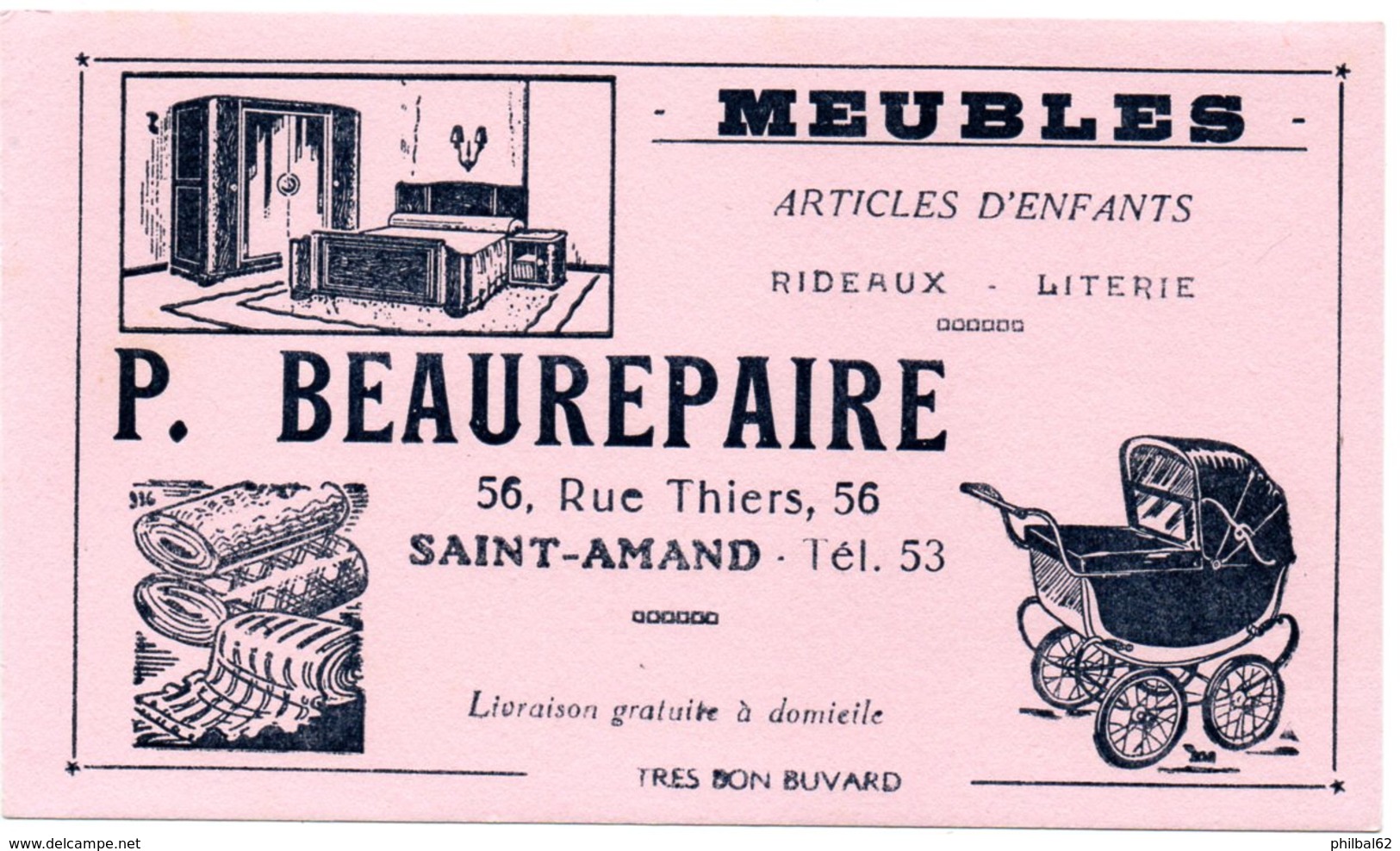 Buvard P. Beaurepaire à Saint-Amand. Meubles, Articles D'enfants, Literie Et Rideaux. Illustration : Landau, Chambre. - L