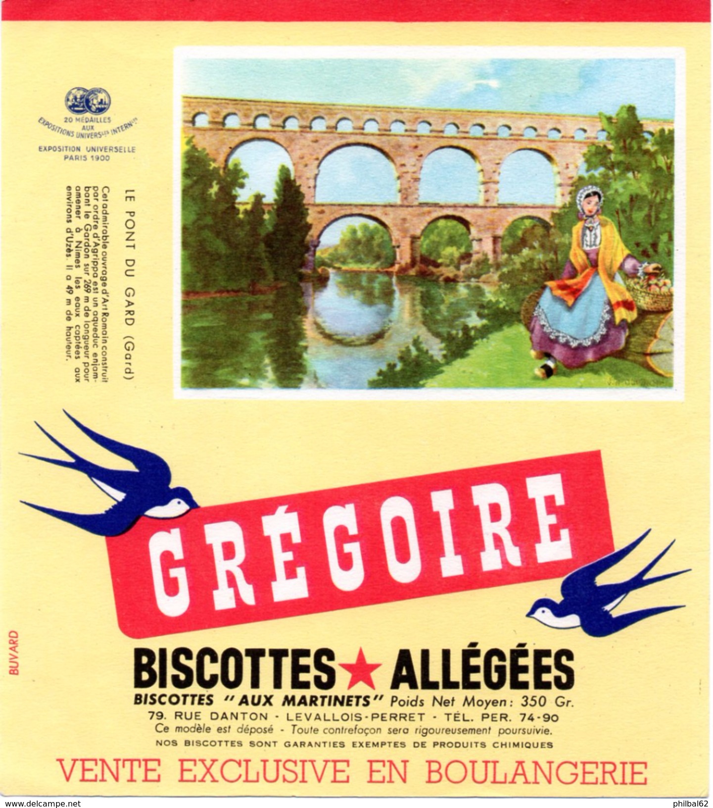 Buvard Grégoire, Biscottes Allégées. Biscottes " Aux Martinets ". Illustration : Le Pont Du Gard. - Biscottes