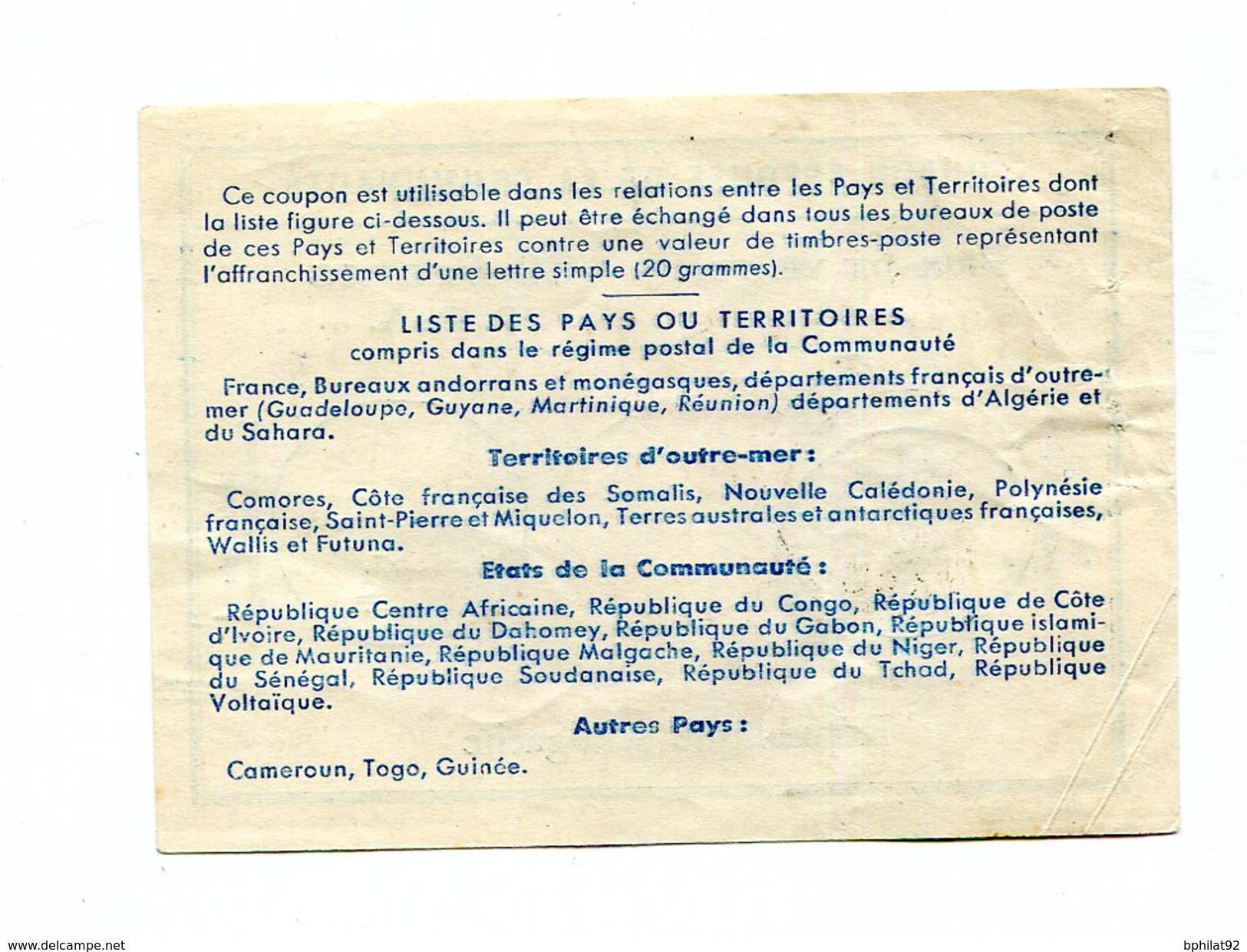 !!! COUPON REPONSE DE LA COMMUNAUTE, REPUBLIQUE MALGACHE CACHET DE 1962 - Reply Coupons