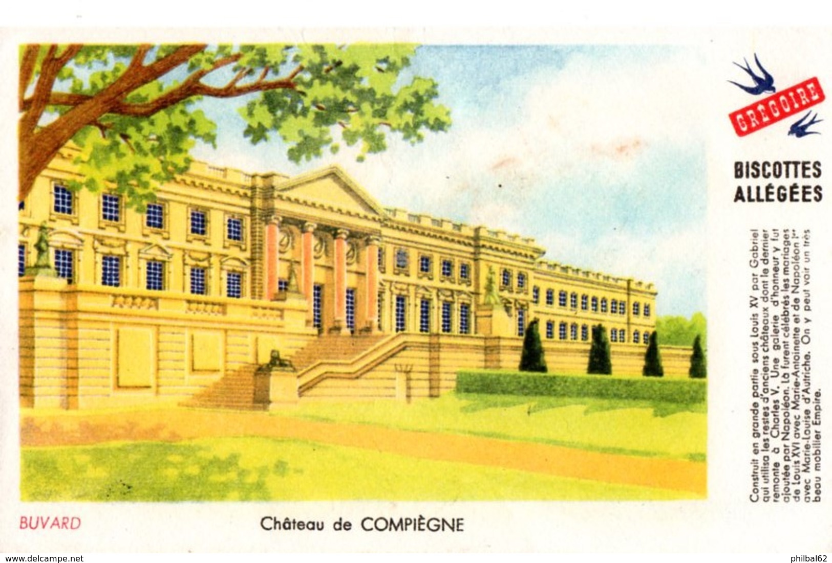 Buvard Grégoire, Biscottes Allégées. Biscottes " Aux Martinets ". Illustration : Le Château De Compiègne. - Biscottes