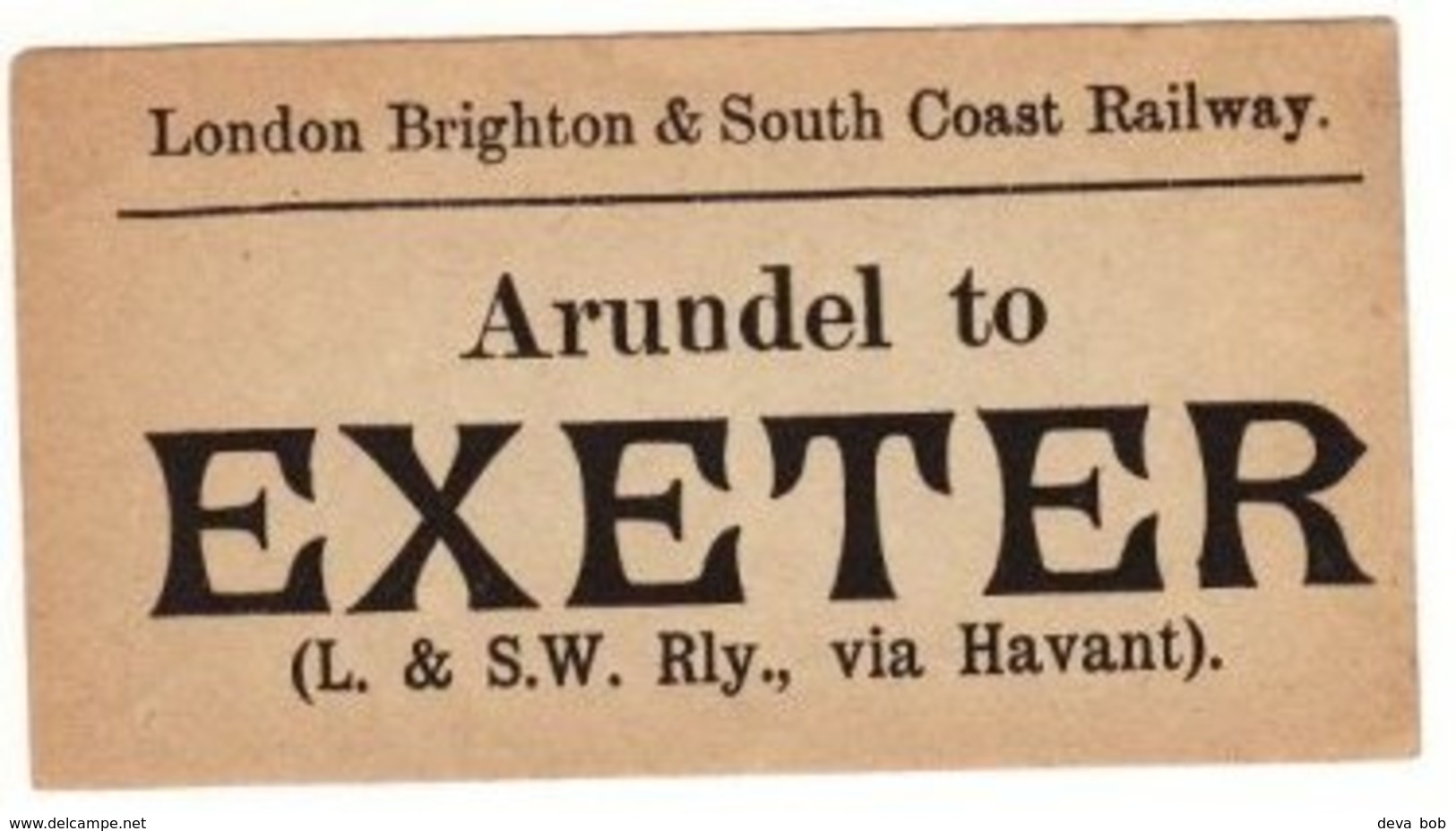 Railway Luggage Label LBSCR Arundel To Exeter London Brighton & South Coast - Ferrocarril