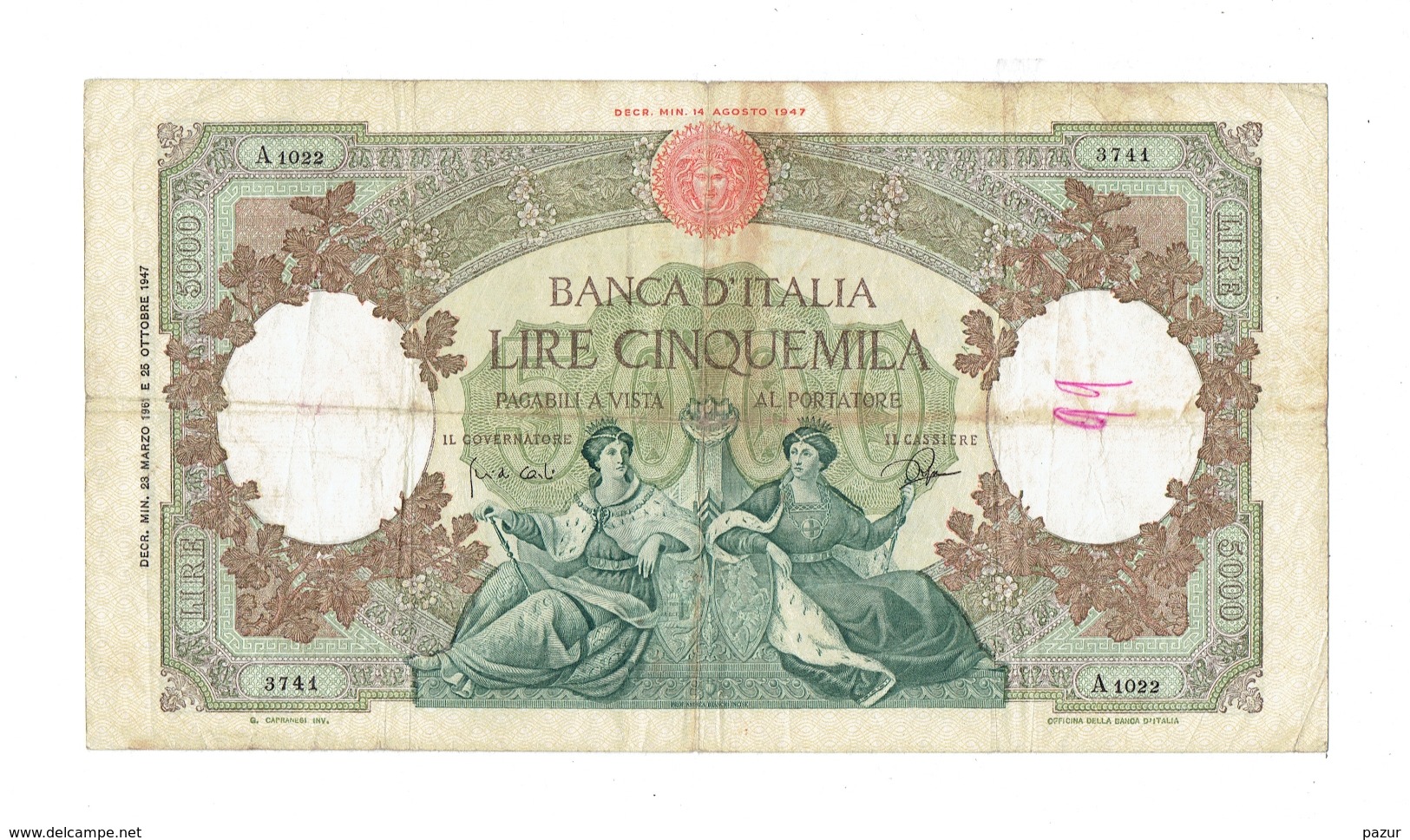 BILLET 5000 LIRES - DECRET 14 OCTOBRE 1947 + DECRET 23 MARS 1961 E 25 OCTOBRE 1947 - 5000 Lire