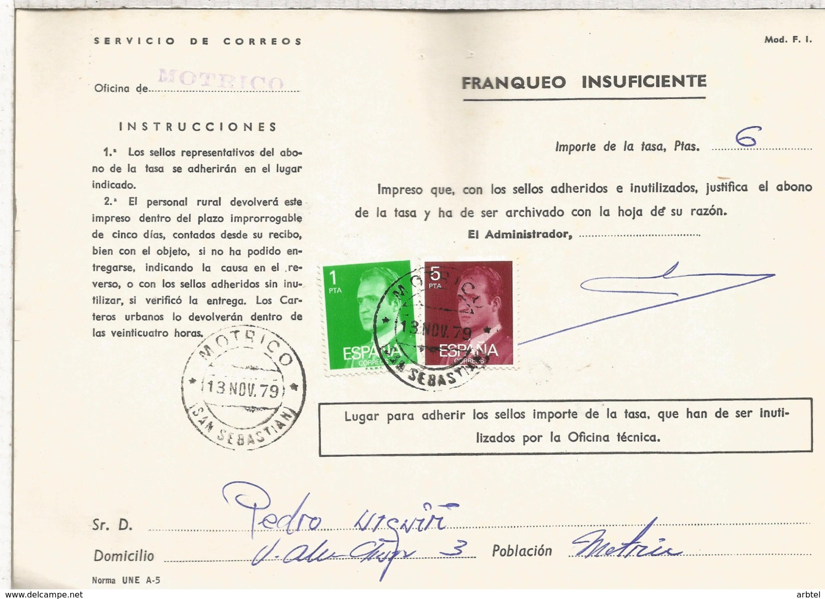 ESPAÑA CORREOS DOCUMENTO RECLAMACION POR FALTA DE FRANQUEO MAT MOTRICO GUIPUZCOA - Cartas & Documentos