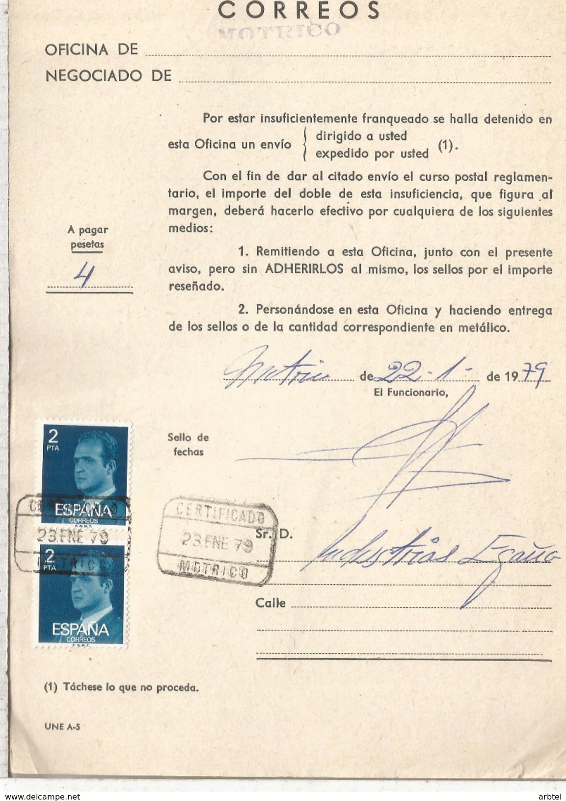 ESPAÑA CORREOS DOCUMENTO RECLAMACION POR FALTA DE FRANQUEO MAT MOTRICO GUIPUZCOA CERTIFICADO - Cartas & Documentos