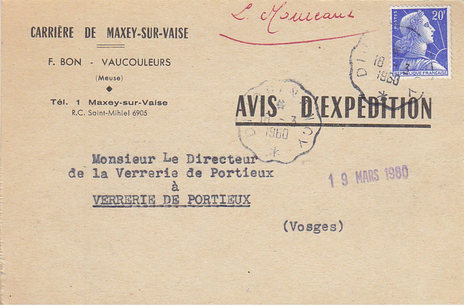 Carrières De Maxey Sur Vaise , Vaucouleurs , Meuse ,avis D'expédition ,1960 - 1950 - ...