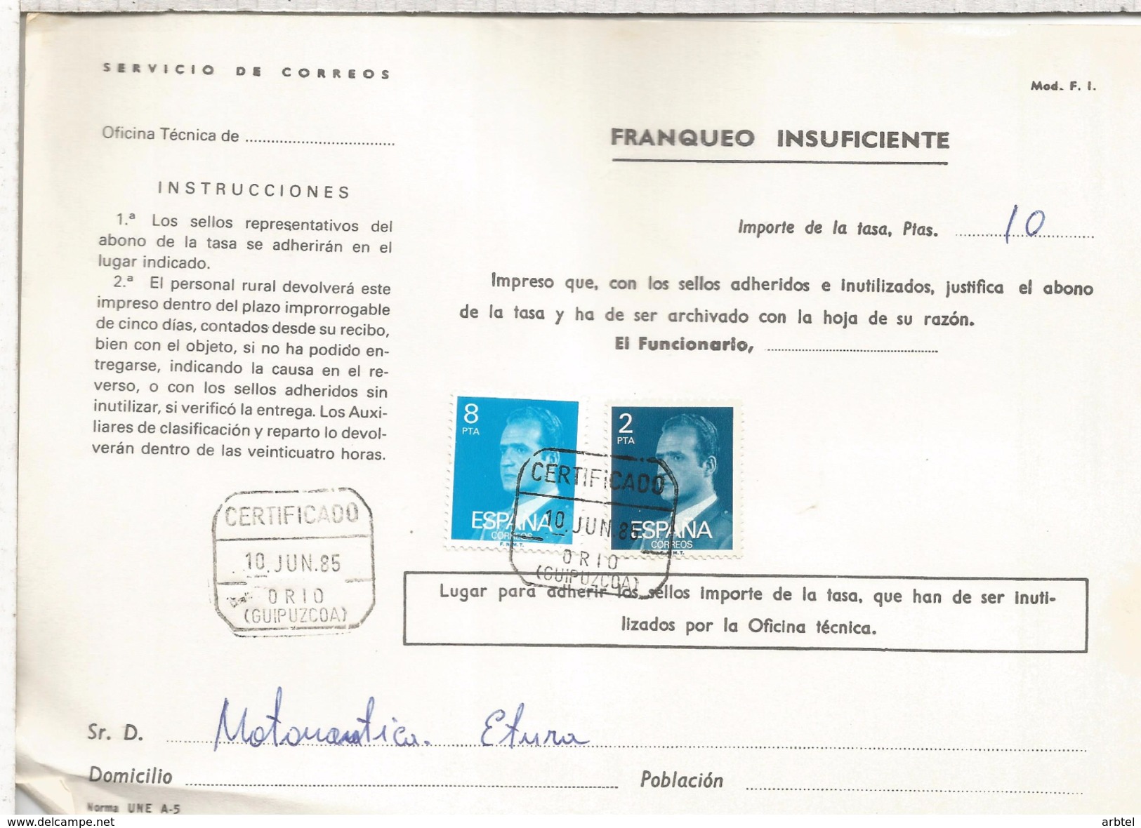 ESPAÑA CORREOS DOCUMENTO RECLAMACION POR FALTA DE FRANQUEO MAT ORIO GUIPUZCOA - Cartas & Documentos