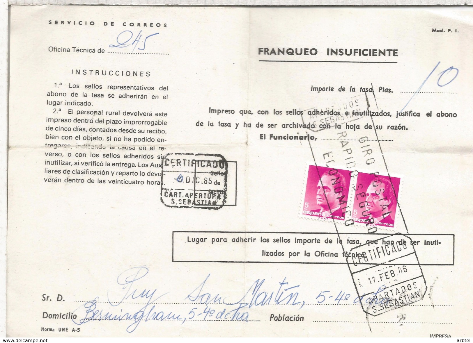 ESPAÑA CORREOS DOCUMENTO RECLAMACION POR FALTA DE FRANQUEO MAT SAN SEBASTIAN CARTERIA APERTURA Y RODILLO APARTADOS CERTI - Cartas & Documentos