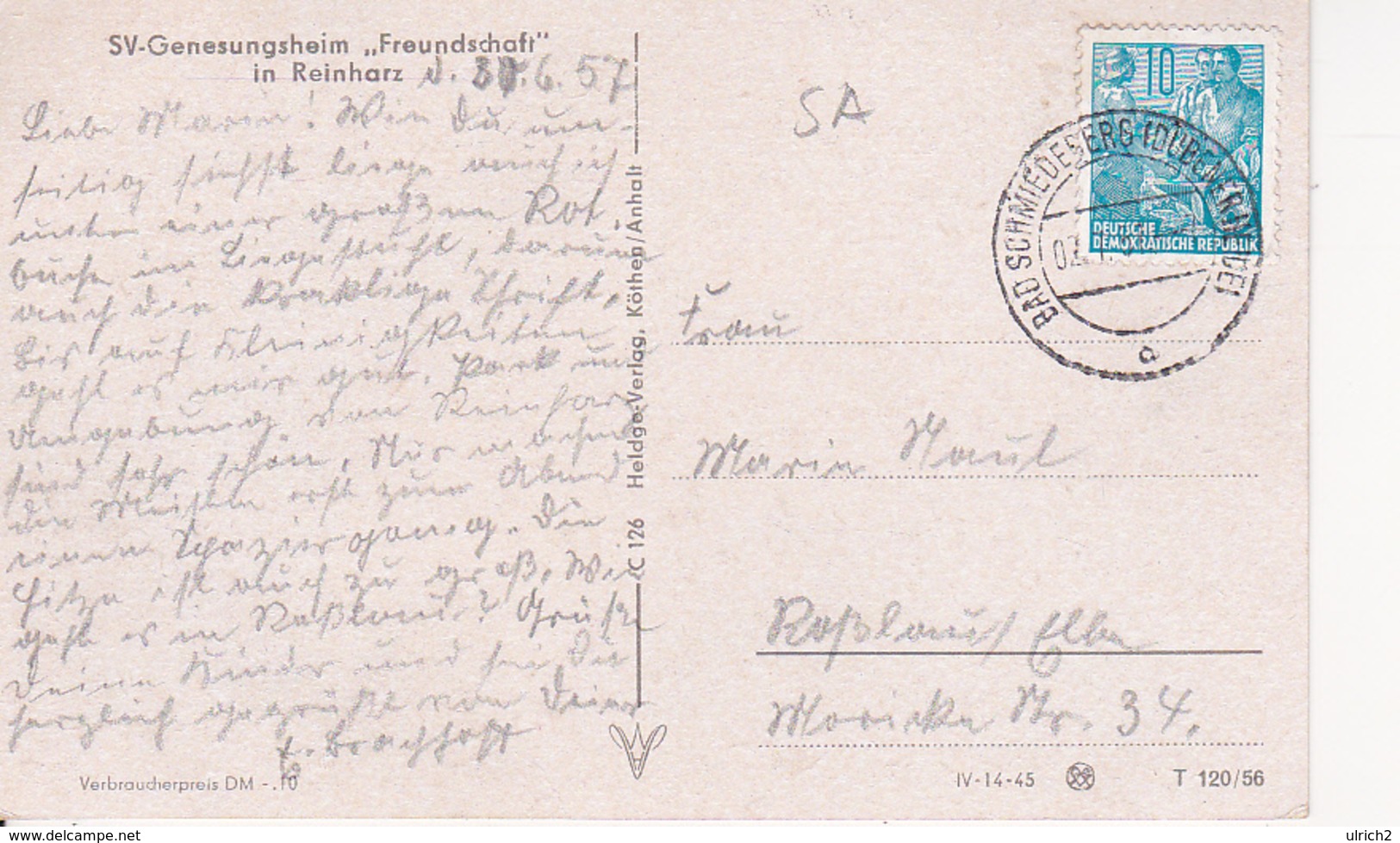 AK Reinharz - SV-Genesungsheim "Freundschaft" - 1957 (27230) - Bad Schmiedeberg