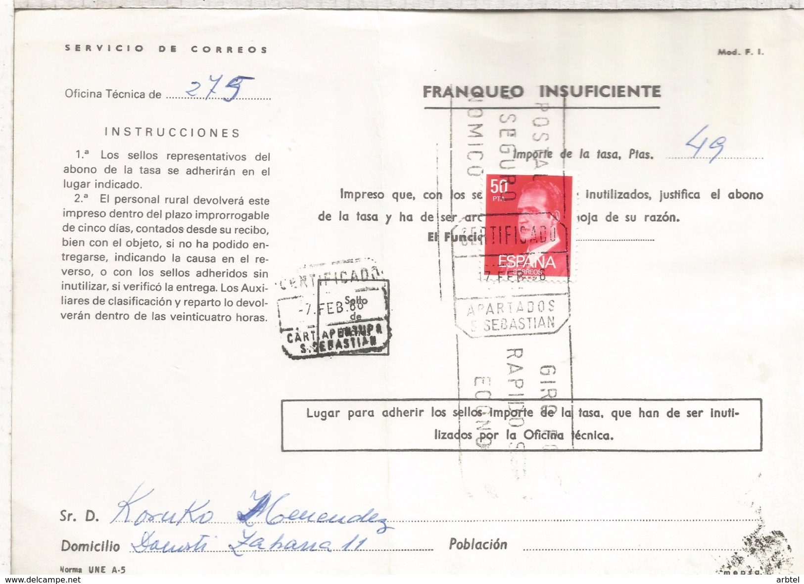 ESPAÑA CORREOS DOCUMENTO RECLAMACION POR FALTA DE FRANQUEO MAT SAN SEBASTIAN CARTERIA APERTURA Y RODILLO APARTADOS CERTI - Cartas & Documentos