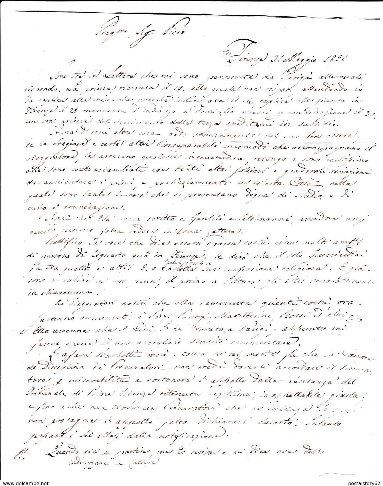 Prefilatelica,Firenze Per Parigi. Via Di Sarzana, Poste Restante 1851 Interessante Lettera Con Varie Notizie Storiche, - Toskana