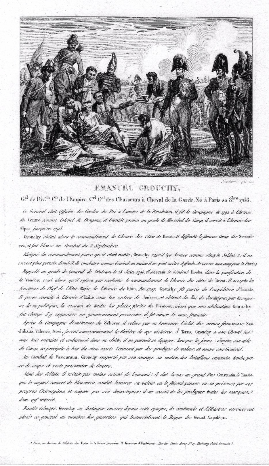 Campagne Napoléon- EMANUEL GROUCHY  - Gravure Sur Acier De 13.3cmx 9.2cm Document Avec Biographie  Superbe Document - Prints & Engravings