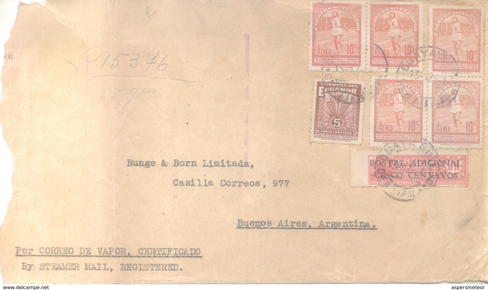 FRENTE DE CARTA CIRCULADA POR CORREO CERTIFICADO ECUADOR BUENOS AIRES AÑO 1942 CON SOBRETATASA ADICIONAL - Ecuador