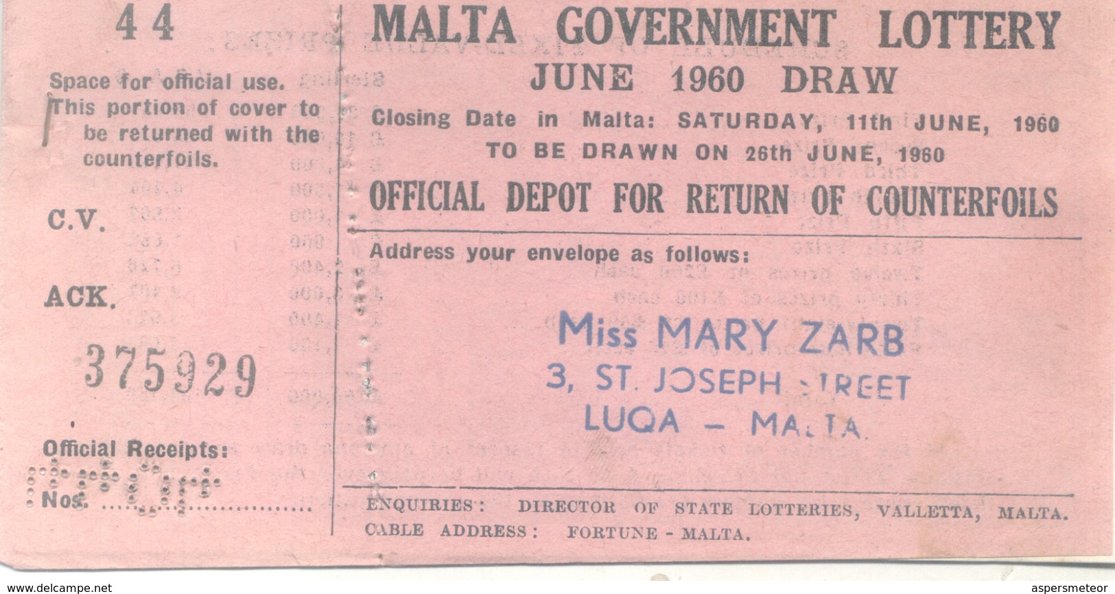 MALTA GOVERNMENT LOTTERY JUNE 1960 DRAW CARNET DE 5 BILLETS - Lottery Tickets