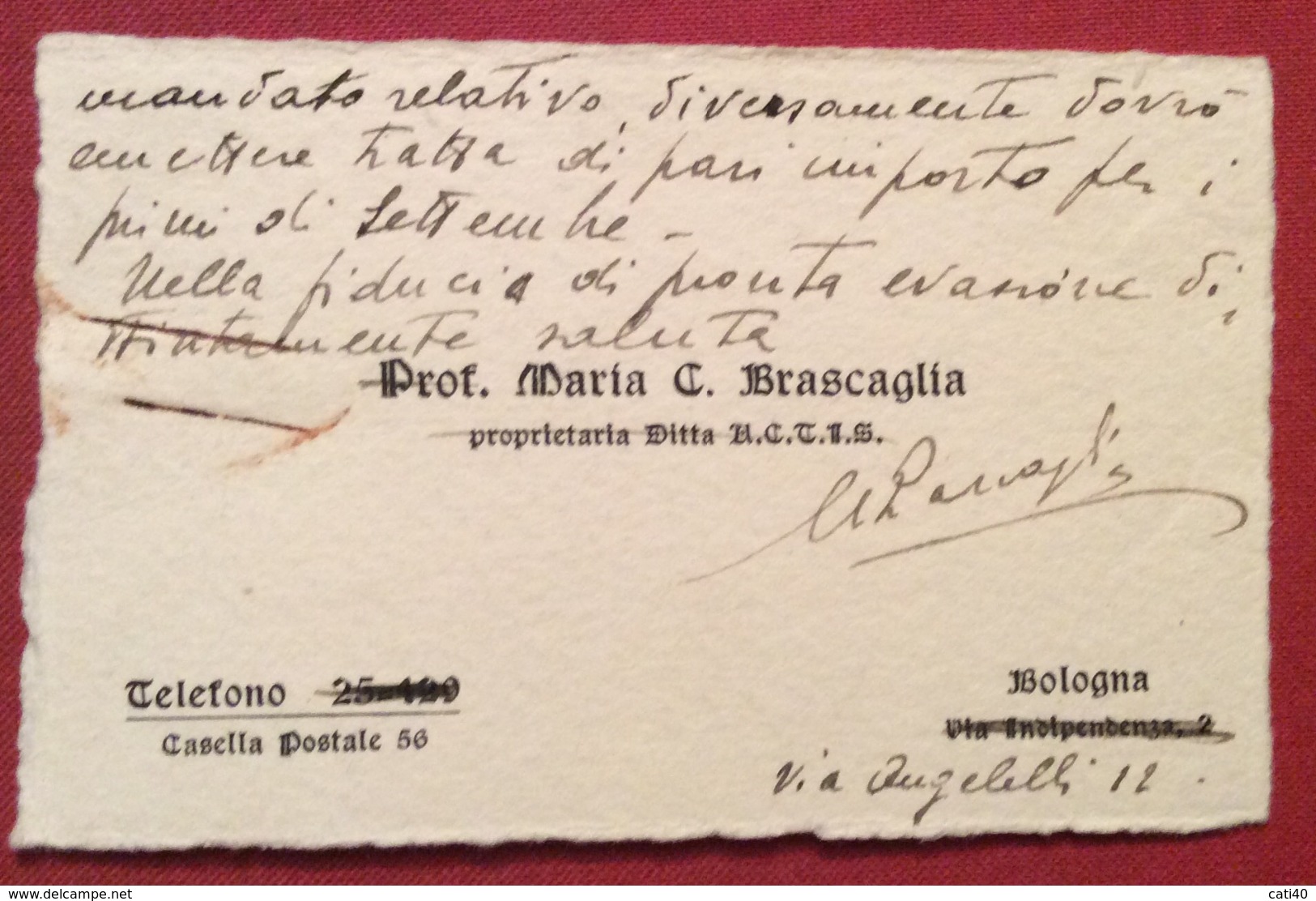 BIGLIETTO DA VISITA PROF.MARIA C.BRASCAGLIA BOLOGNA  11/8/1937 Manoscritto Autografo - Cartoncini Da Visita