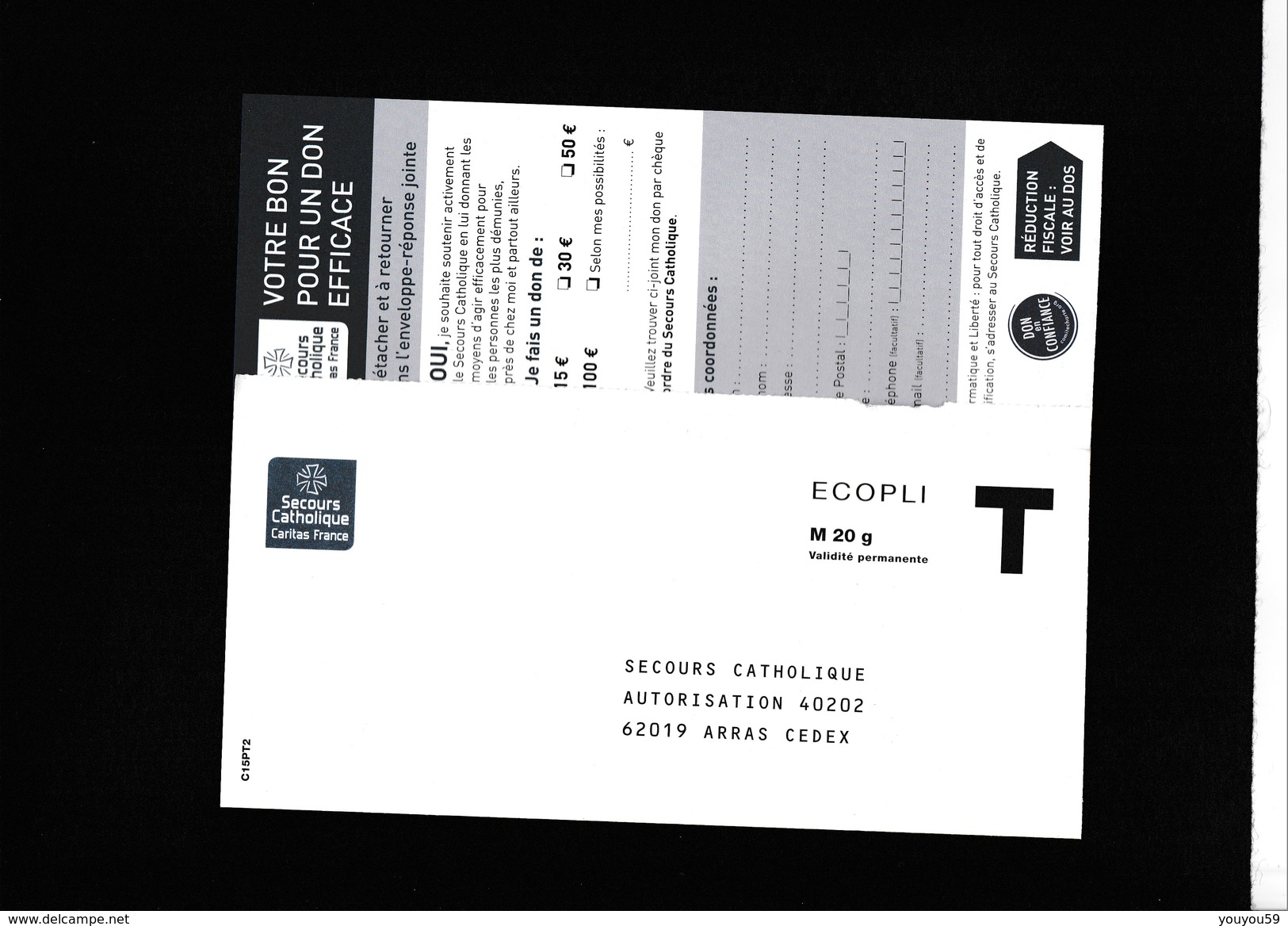 Enveloppe Réponse T à Volets Publicitaires - France - Ecopli - Secours Catholique Autorisation 40202 62019 ARRAS CEDEX - Buste Risposta T