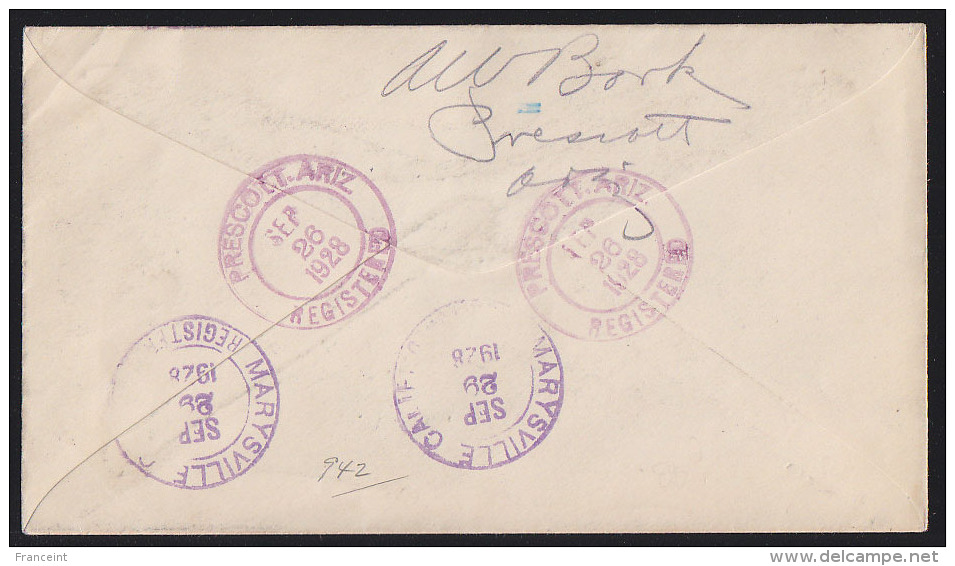 USA 1928 Fancy Cancel - Bucking Bronco. 4 Marks In Black On Registered Letter From Prescott, AZ. - Altri & Non Classificati