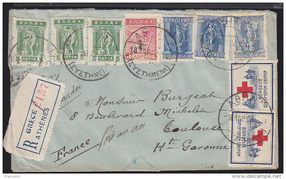 Greece 1920 Registered Letter Athens To Toulouse, France. 2 Red Cross Charity Labels Tied To Cover. - Maximumkaarten