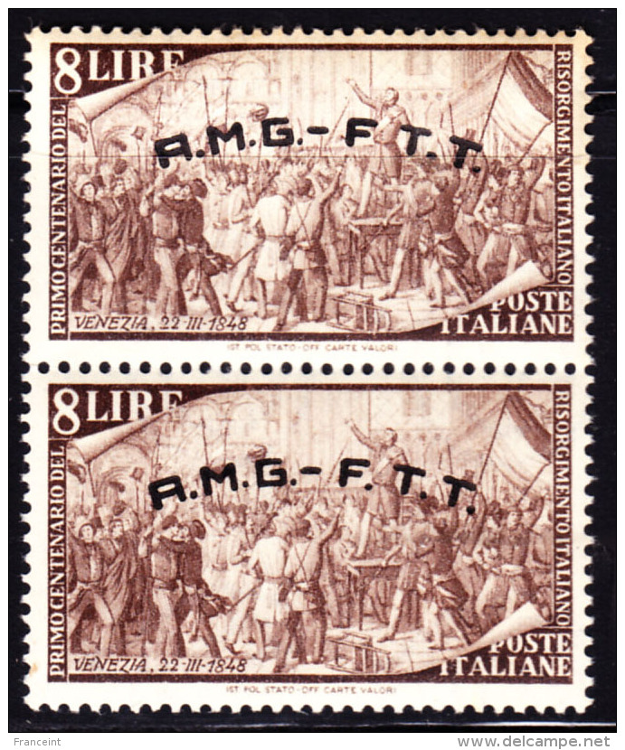 Italy 1948 AMG Trieste 8L Palermo Uprising Pair With Top Stamp Missing Period After "F". Scott 22. MNH. - Autres & Non Classés