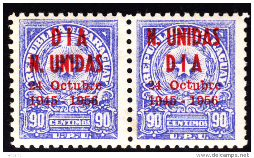 Paraguay 1956 90c Arms Pair With DIA N UNIDAS Overprint, 1 Transposed. Scott 500A. MNH. - Paraguay