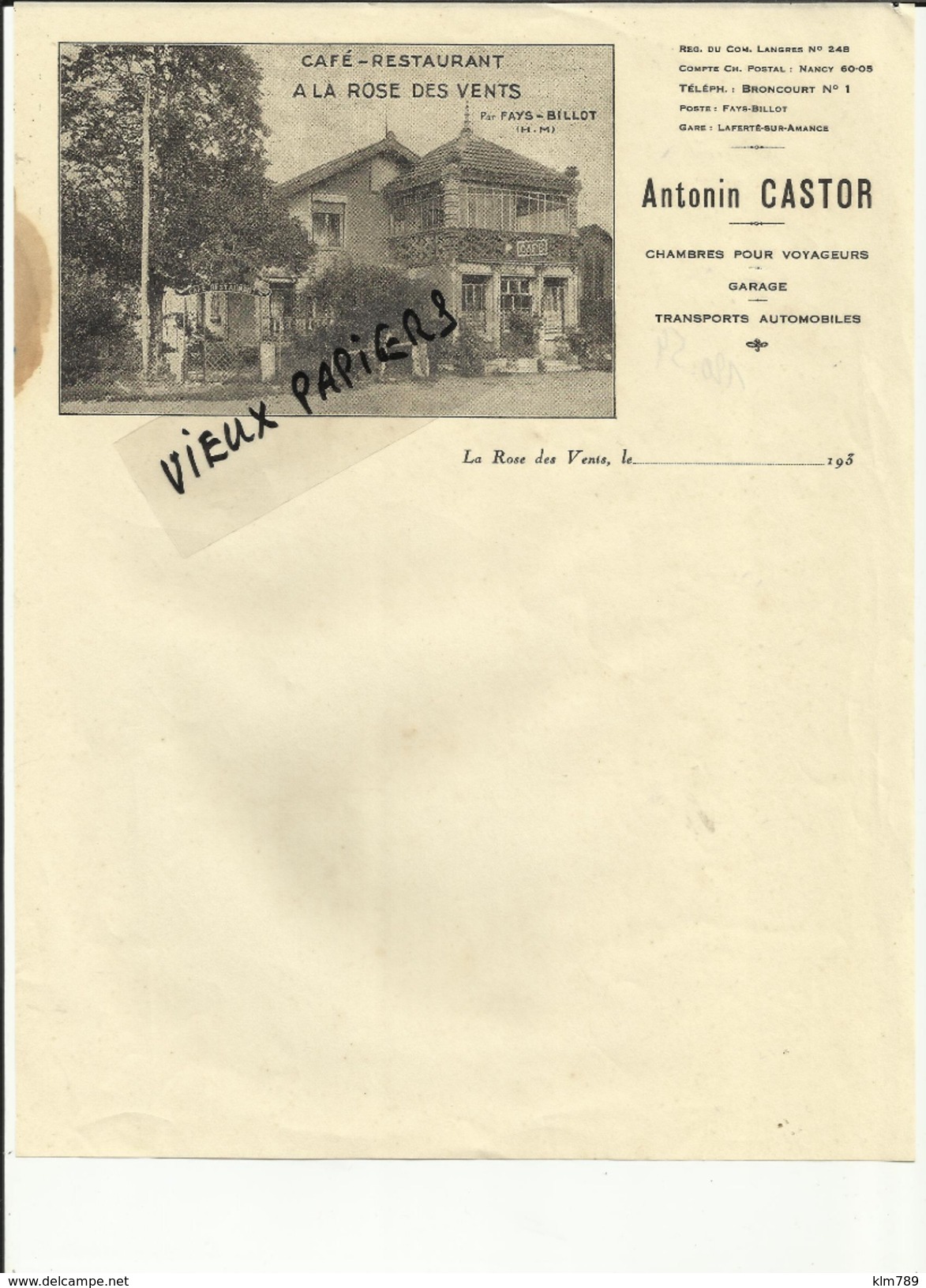 52 - Haute Marne - La Rose Des Vents - Fays - Billot - Facture Café - Garage  - 193. - Réf 05 - 1900 – 1949