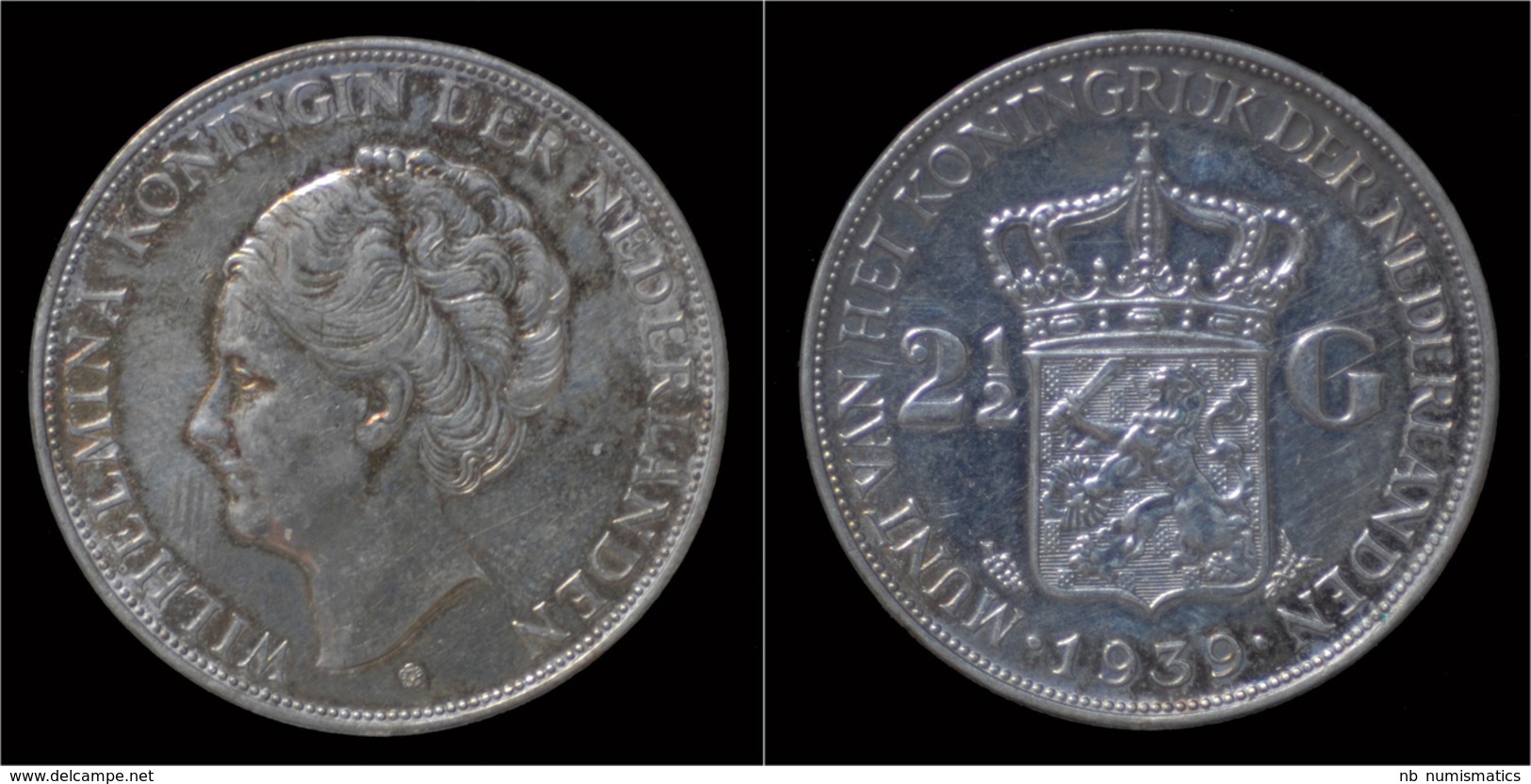 Netherlands Wilhelmina I 2 1/2 Gulden(rijksdaalder)1939 - Monnaies D'or Et D'argent