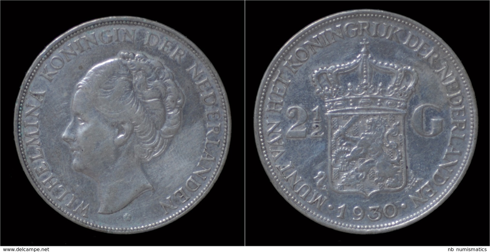 Netherlands Wilhelmina I 2 1/2 Gulden(rijksdaalder)1930 - Monnaies D'or Et D'argent