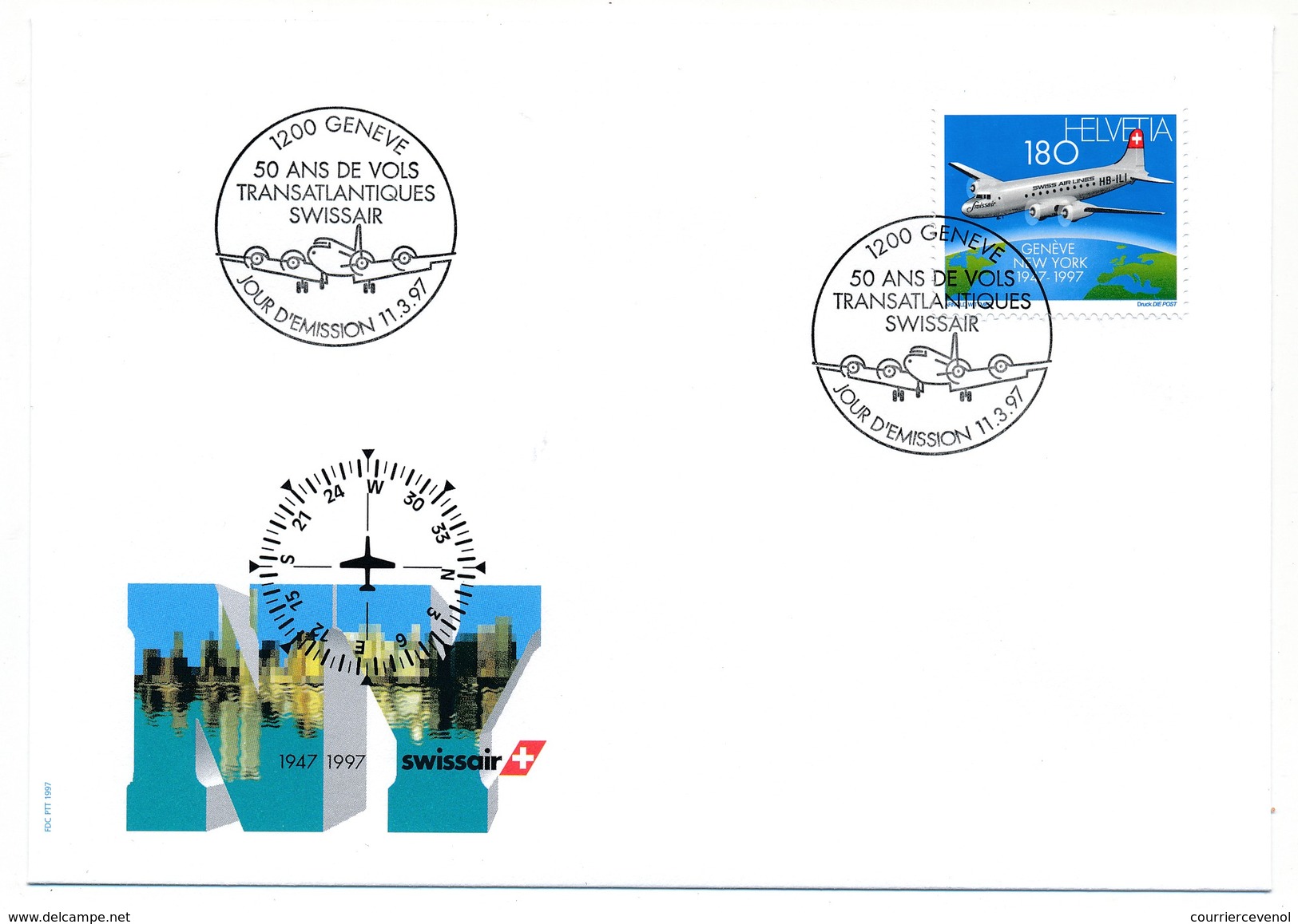 SUISSE - 2 Enveloppes FDC "50 Ans De Vols Transatlantiques SWISSAIR" - GENEVE 1997 - Airplanes