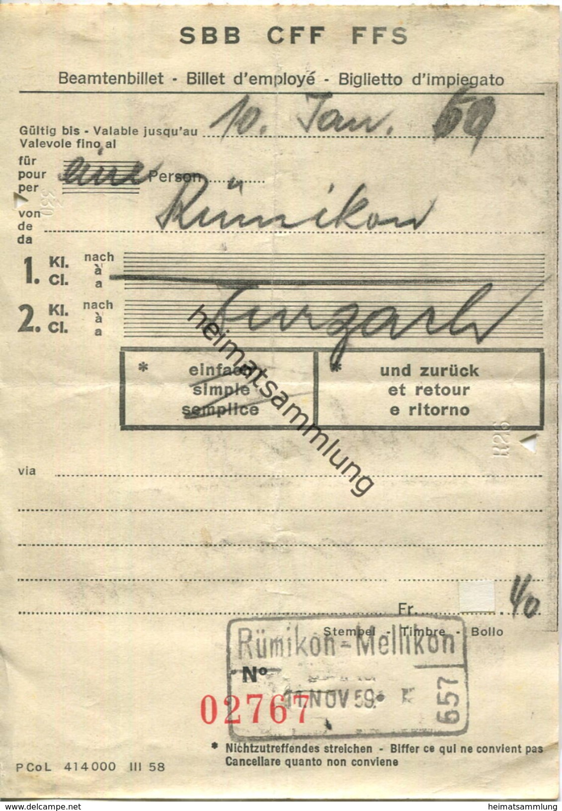 Schweiz - Beamtenbillet 1959 Für Eine Person Von Rümikon Nach Zurzach - Europe