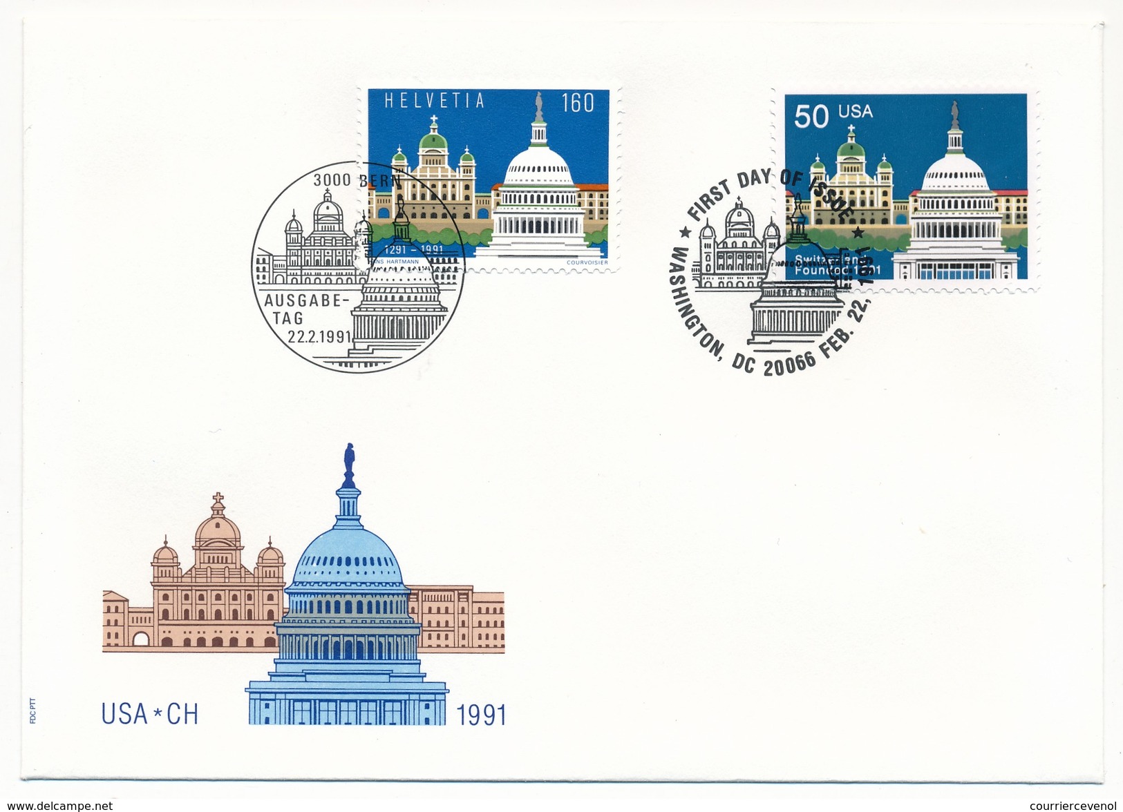 SUISSE - ETATS UNIS - Emission Commune 1991 - FDC Berne / Washington - Gezamelijke Uitgaven