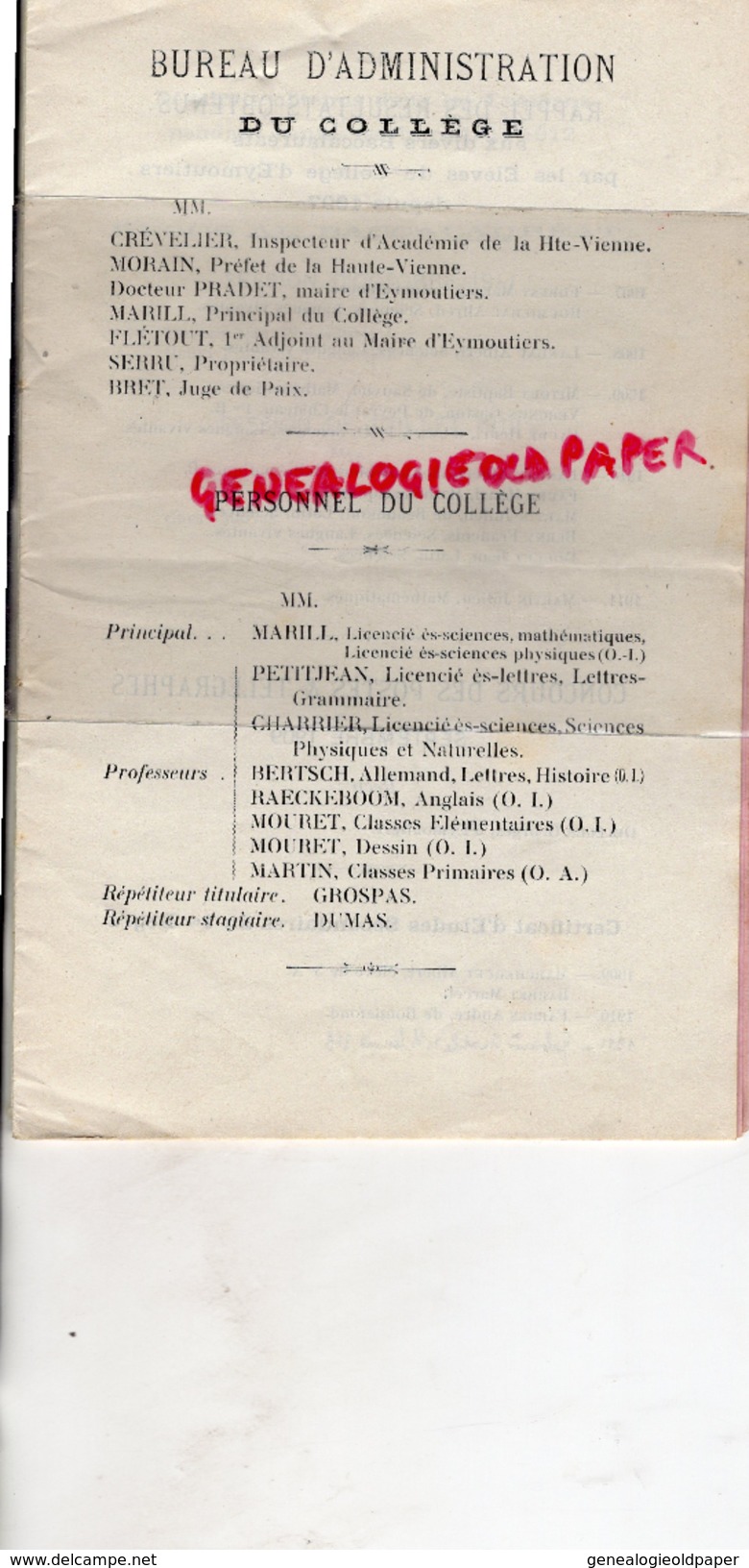 87 - EYMOUTIERS- COLLEGE DISTRIBUTION SOLENNELLE DES PRIX 28 JUILLET 1912- PIERRE LAGAROSSE VICE PDT PREFECTURE - Documents Historiques