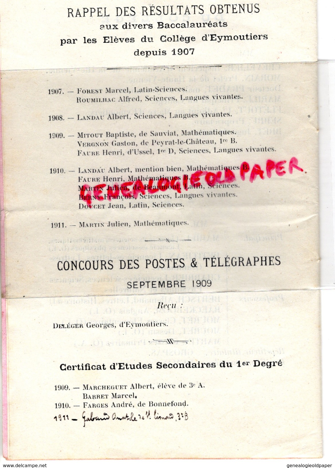 87 - EYMOUTIERS- COLLEGE DISTRIBUTION SOLENNELLE DES PRIX 28 JUILLET 1912- PIERRE LAGAROSSE VICE PDT PREFECTURE - Documents Historiques