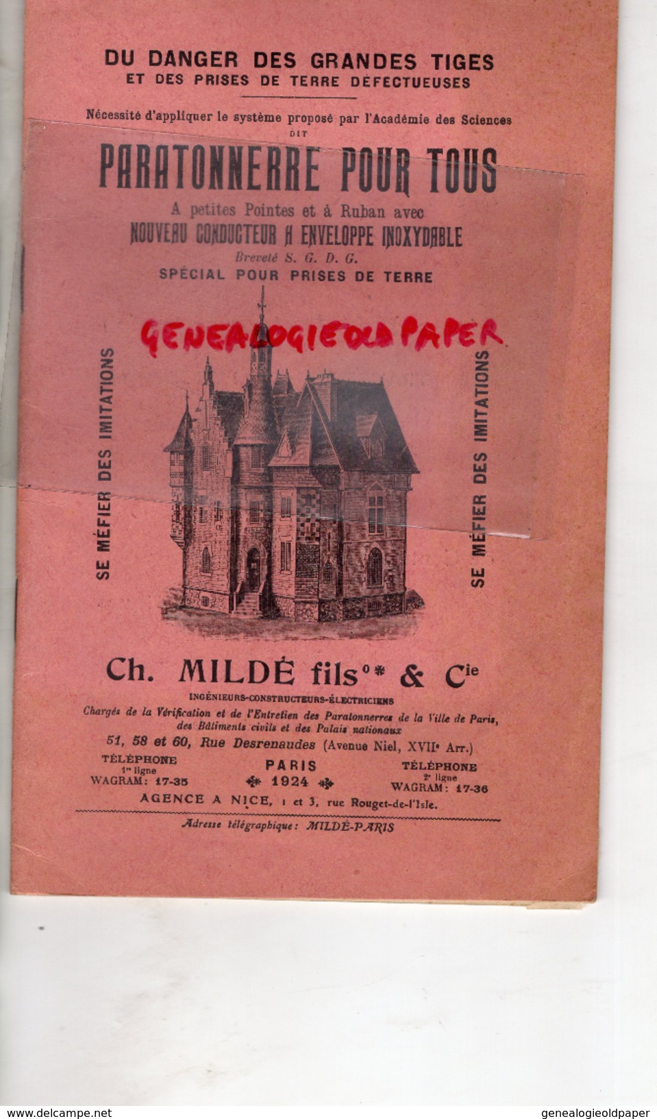 75 - PARIS- 06- NICE- PARATONNERRE POUR TOUS- CH. MILDE -51 RUE DESRENAUDES-VILLA VAUCRESSON M. PARENT PROPRIETAIRE-1911 - Documents Historiques