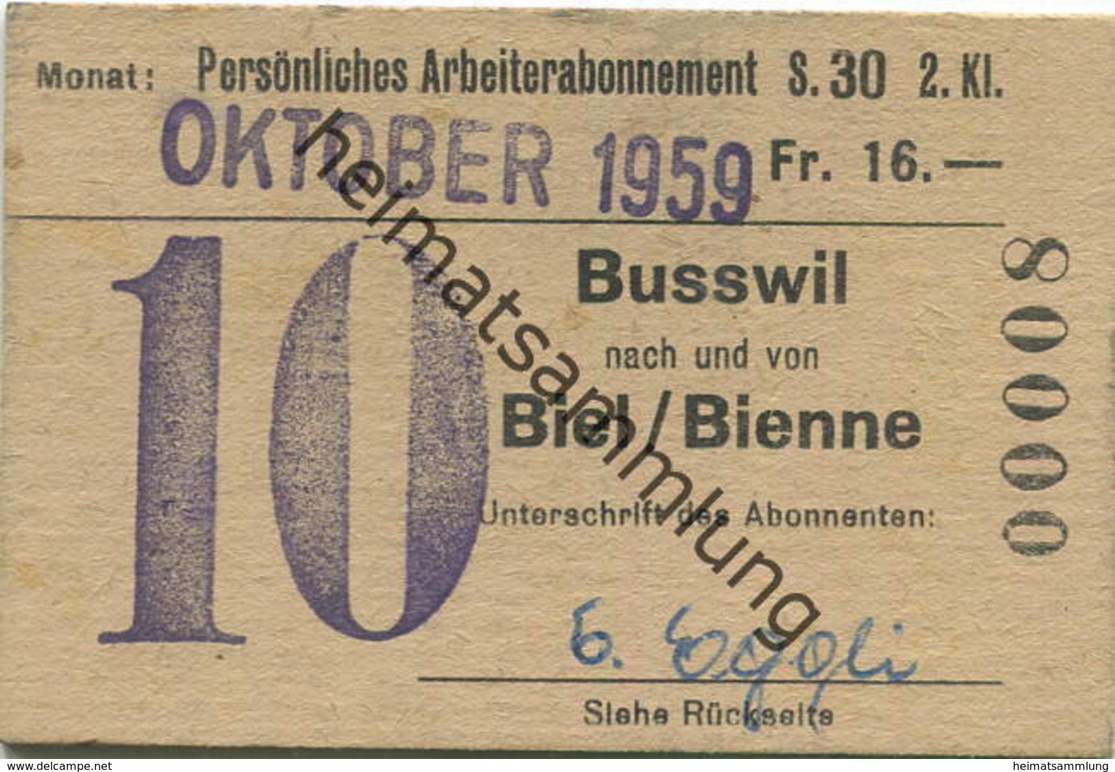 Schweiz - Persönliches Arbeiterabonnement - Busswil Nach Und Von Biel/Bienne - Fahrkarte 2. Klasse 1959 - Europa