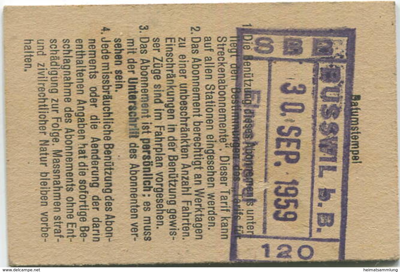 Schweiz - Persönliches Arbeiterabonnement - Busswil Nach Und Von Biel/Bienne - Fahrkarte 2. Klasse 1959 - Europe