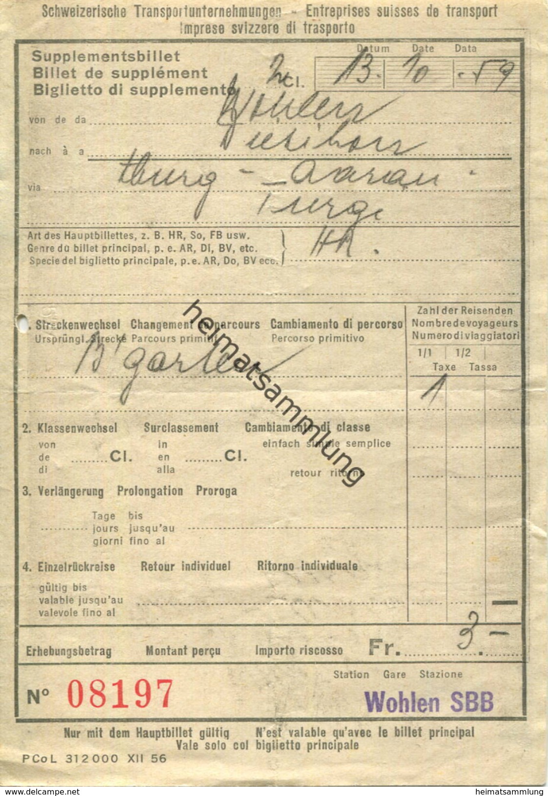 Schweiz - Schweizerische Transportunternehmungen - Supplementbillet 1959 - Streckenwechsel - Europa