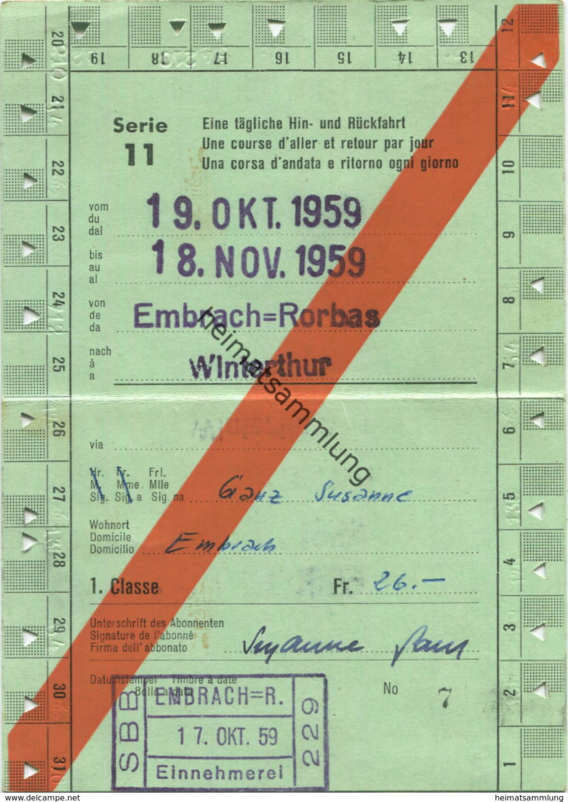 Schweiz - Allgemeines Abonnement Serie 11 Eine Tägliche Hin- Und Rückfahrt 1959 - 1. Classe Von Embrach-Rorbas Nach Wint - Europe