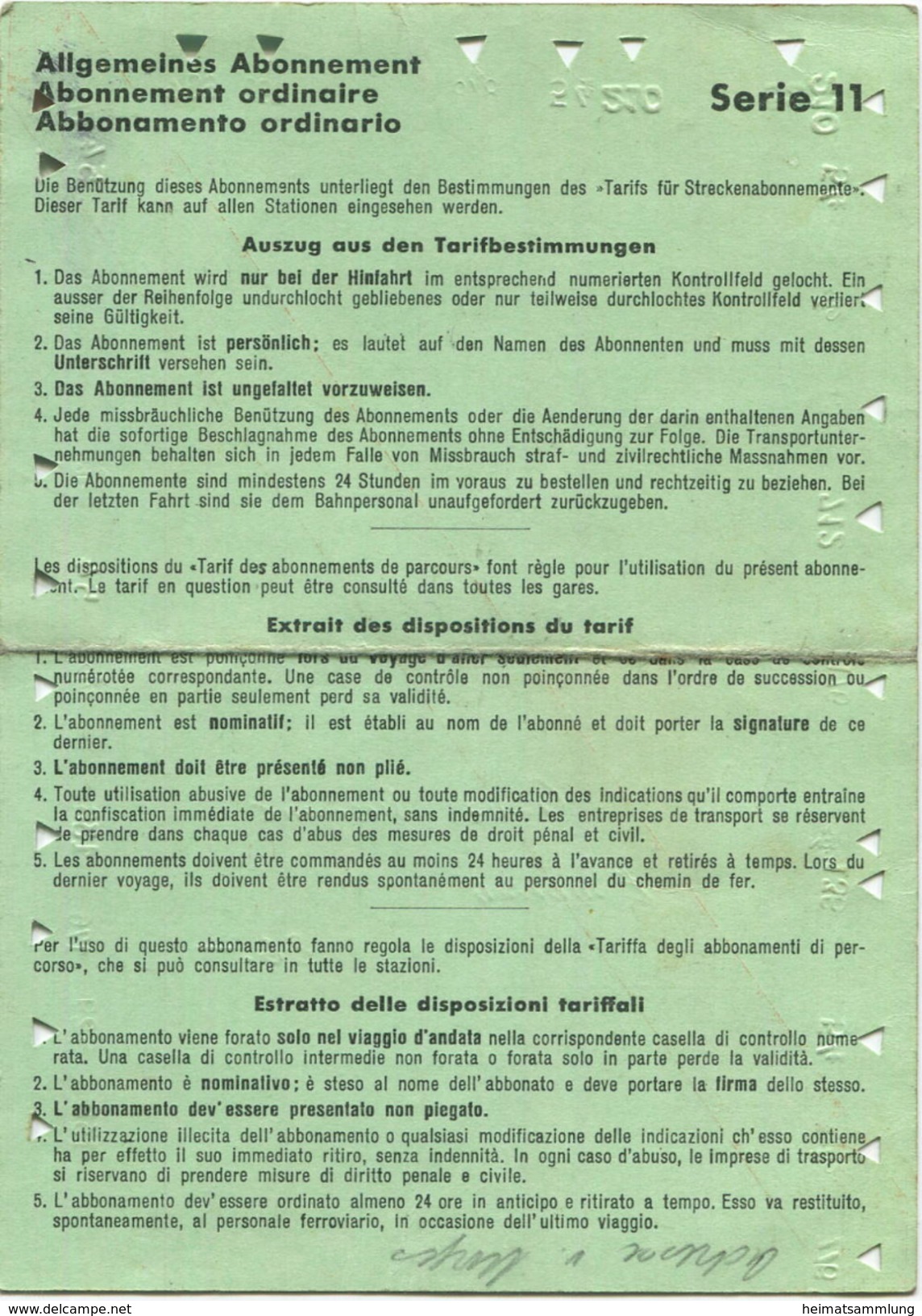 Schweiz - Allgemeines Abonnement Serie 11 Eine Tägliche Hin- Und Rückfahrt 1959 - 1. Classe Von Embrach-Rorbas Nach Wint - Europe