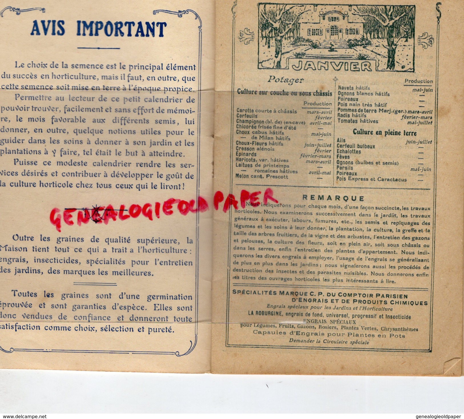 87 - LIMOGES - CALENDRIER DES SEMIS ET PLANTATIONS L. VILLENEUVE- 12 RUE DES ARENES- DEBUT 1900 HORTICULTURE - Historische Documenten