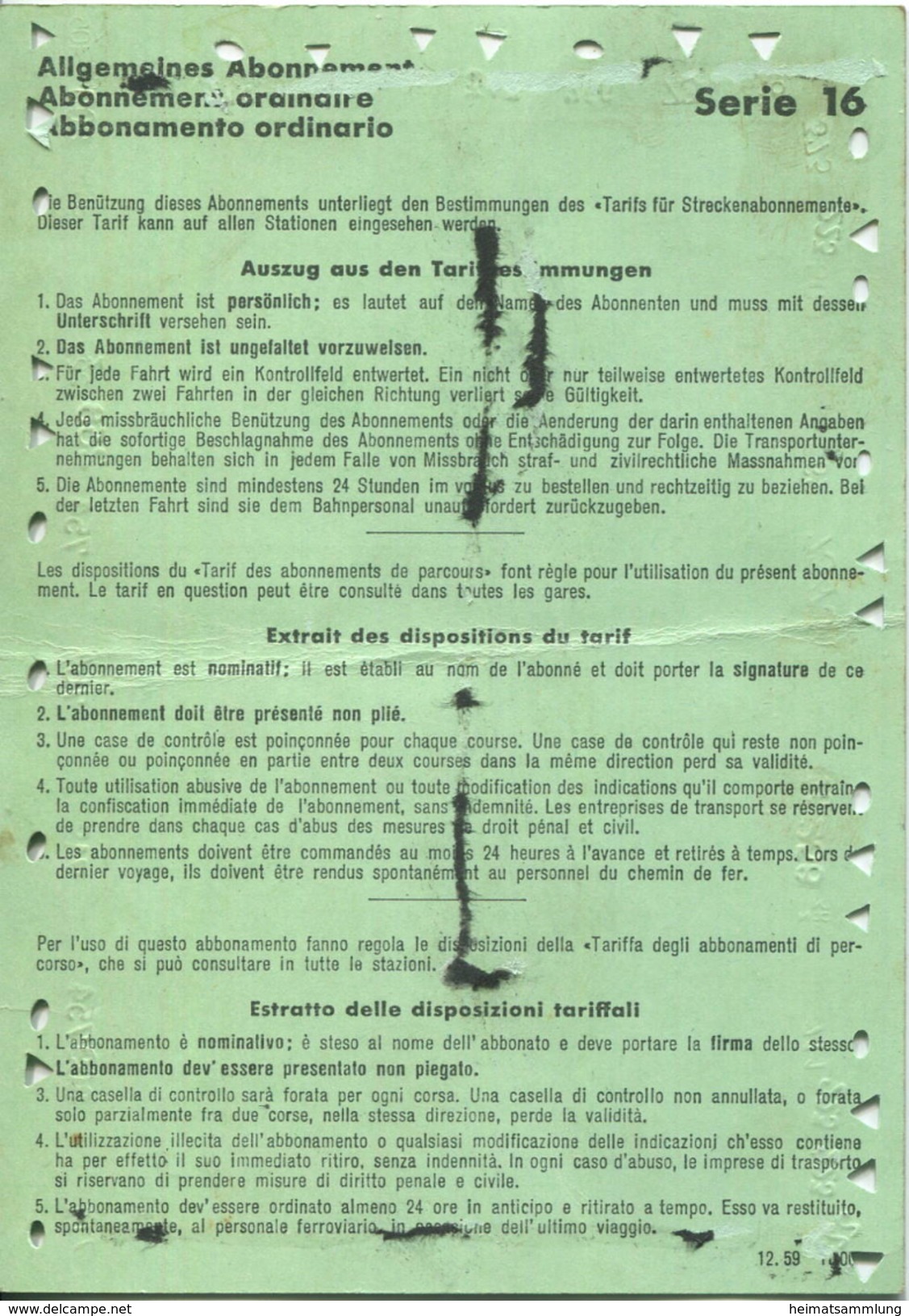 Schweiz - Allgemeines Abonnement Serie 16 - 10 Hin- Und Rückfahrten In 3 Monaten 1960 - 1. Classe Von Rheinfelden Nach L - Europa