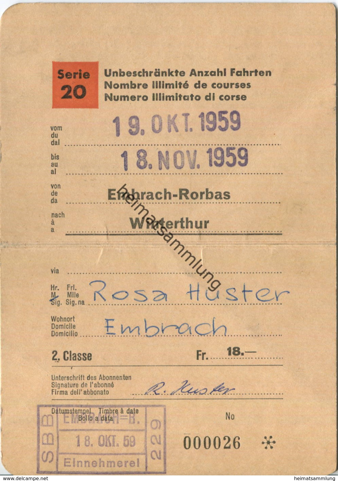 Schweiz - Schüler- Und Lehrlingsabonnement Serie 20 - Uneingeschränkte Anzahl Fahrten 1959 - 2. Classe Von Embrach-Rorba - Europa