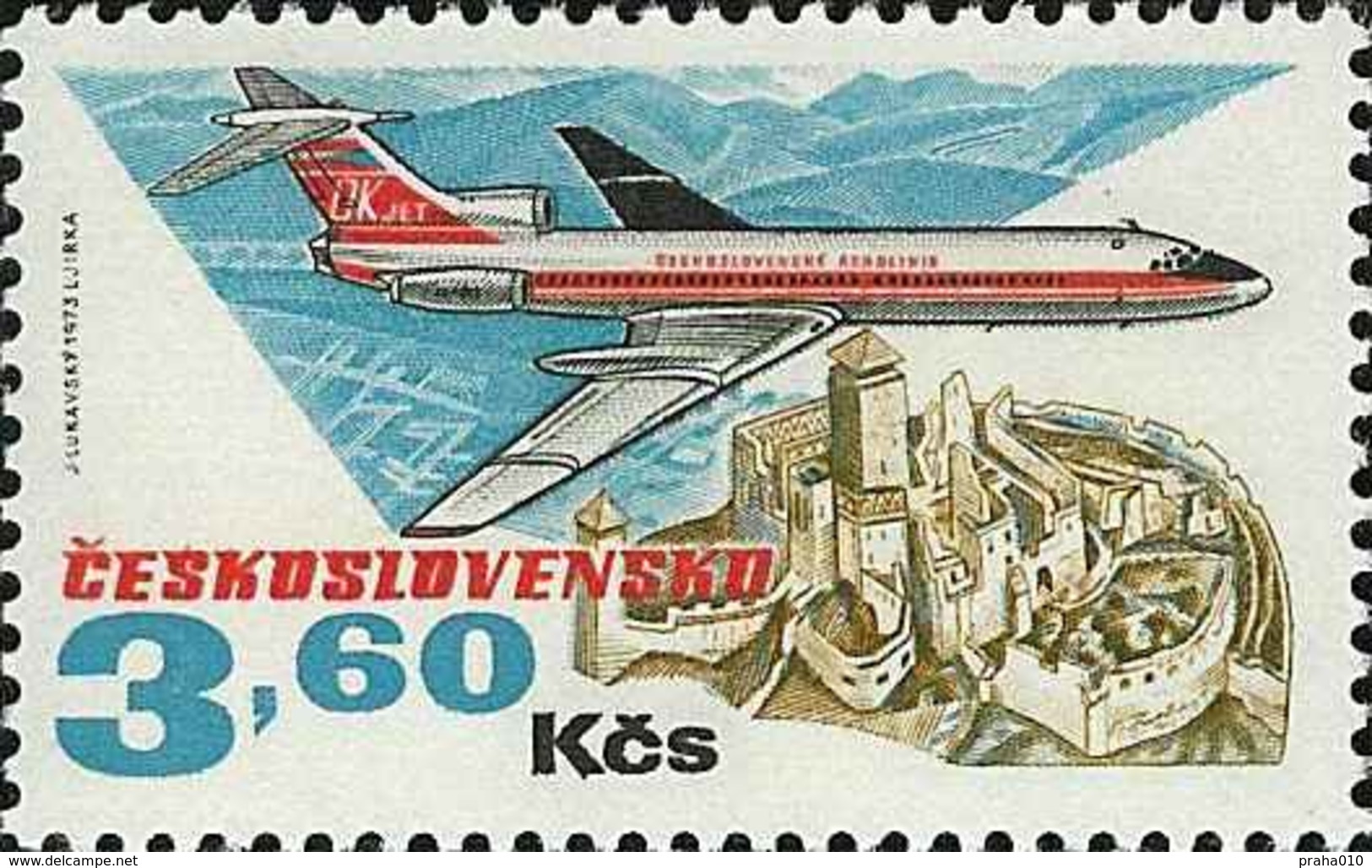 Czechoslovakia / Stamps (1973) L0079 (Air Mail Stamp): Cz. Airlines (TU 154, Castle Trencin); Painter: J. Lukavsky - Andere & Zonder Classificatie