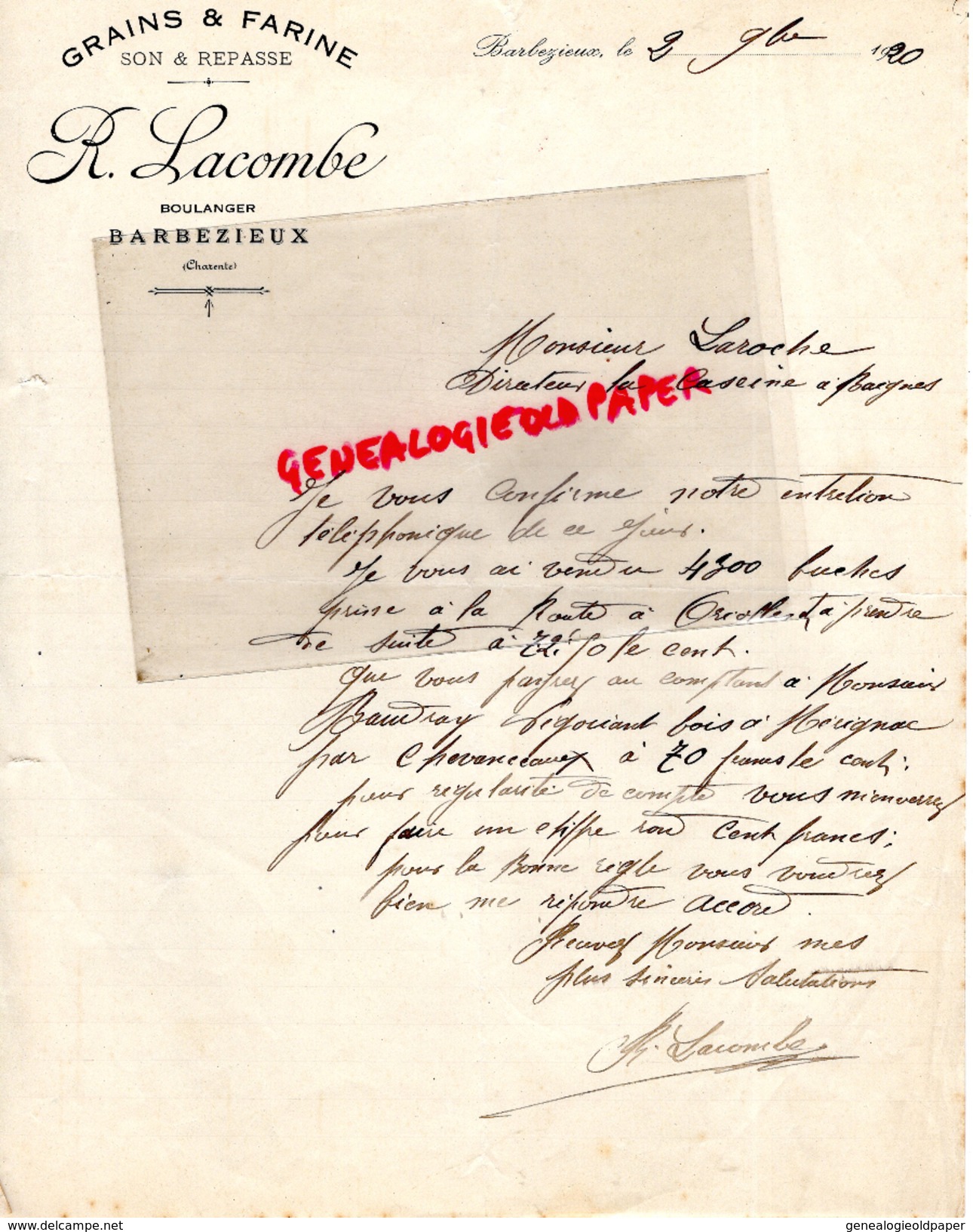 16 - BARBEZIEUX- LETTRE MANUSCRITE R. LACOMBE- BOULANGER- BOULANGERIE- 1920 - Petits Métiers