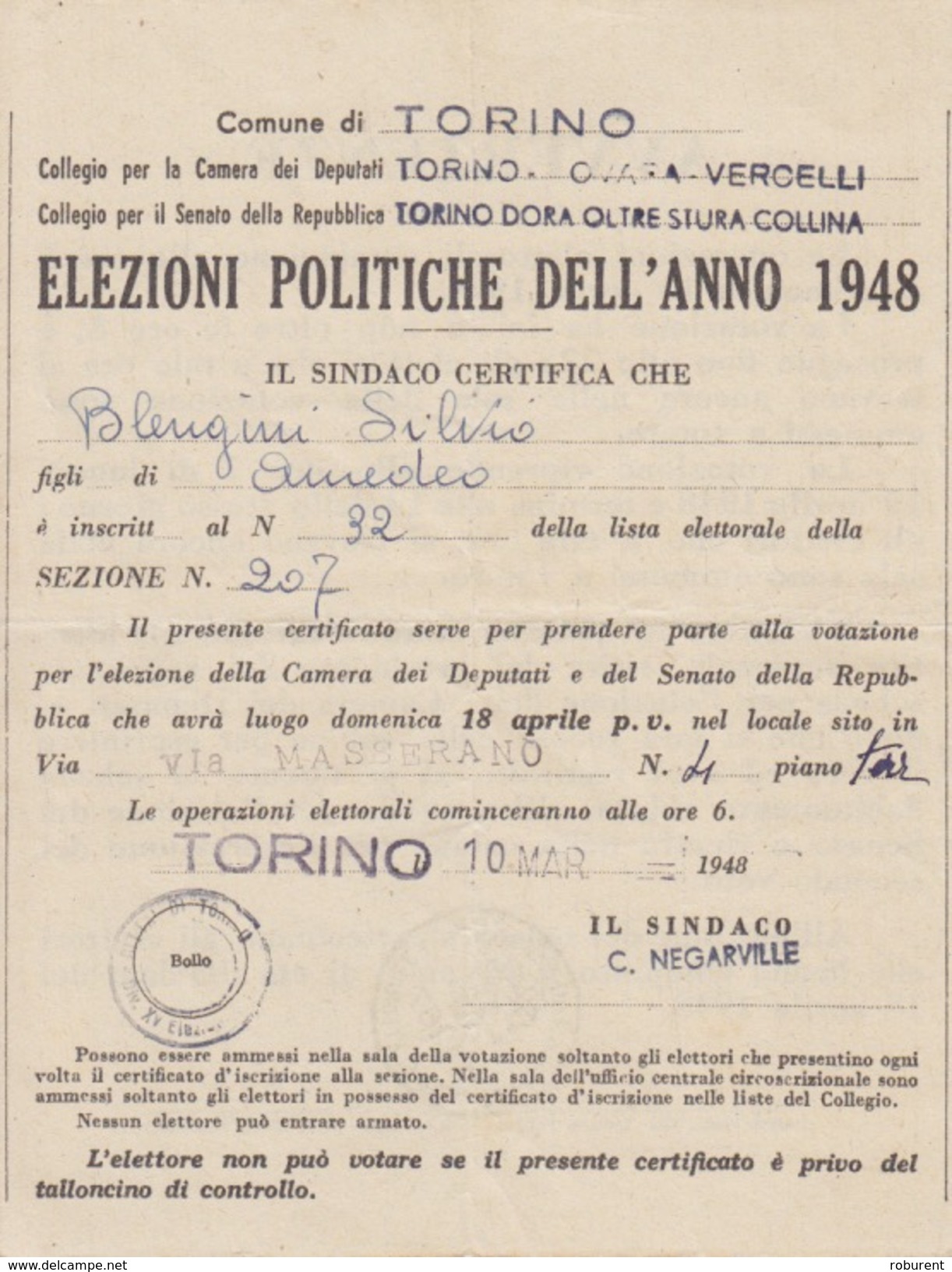 TORINO - "ELEZIONI POLITICHE DELL'ANNO 1948" - CERTIFICATO ELETTORALE PER L'ELEZIONI DEL 18 APRILE 1948 - Documenti Storici
