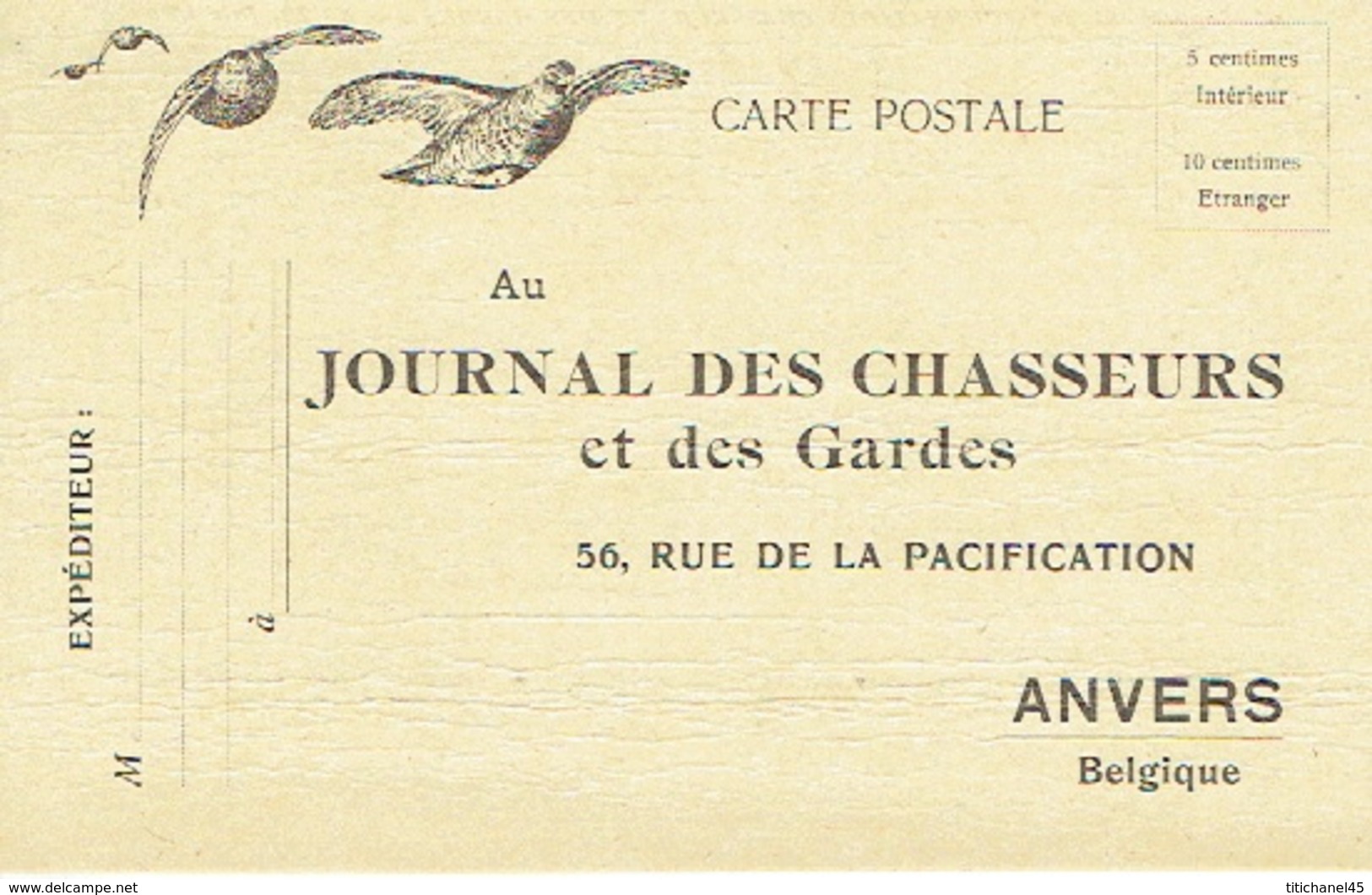 ANTWERPEN Postkaart Publicitaire JOURNAL DES CHASSEURS Et Des GARDES 56rue De La Pacification à ANVERS - Antwerpen