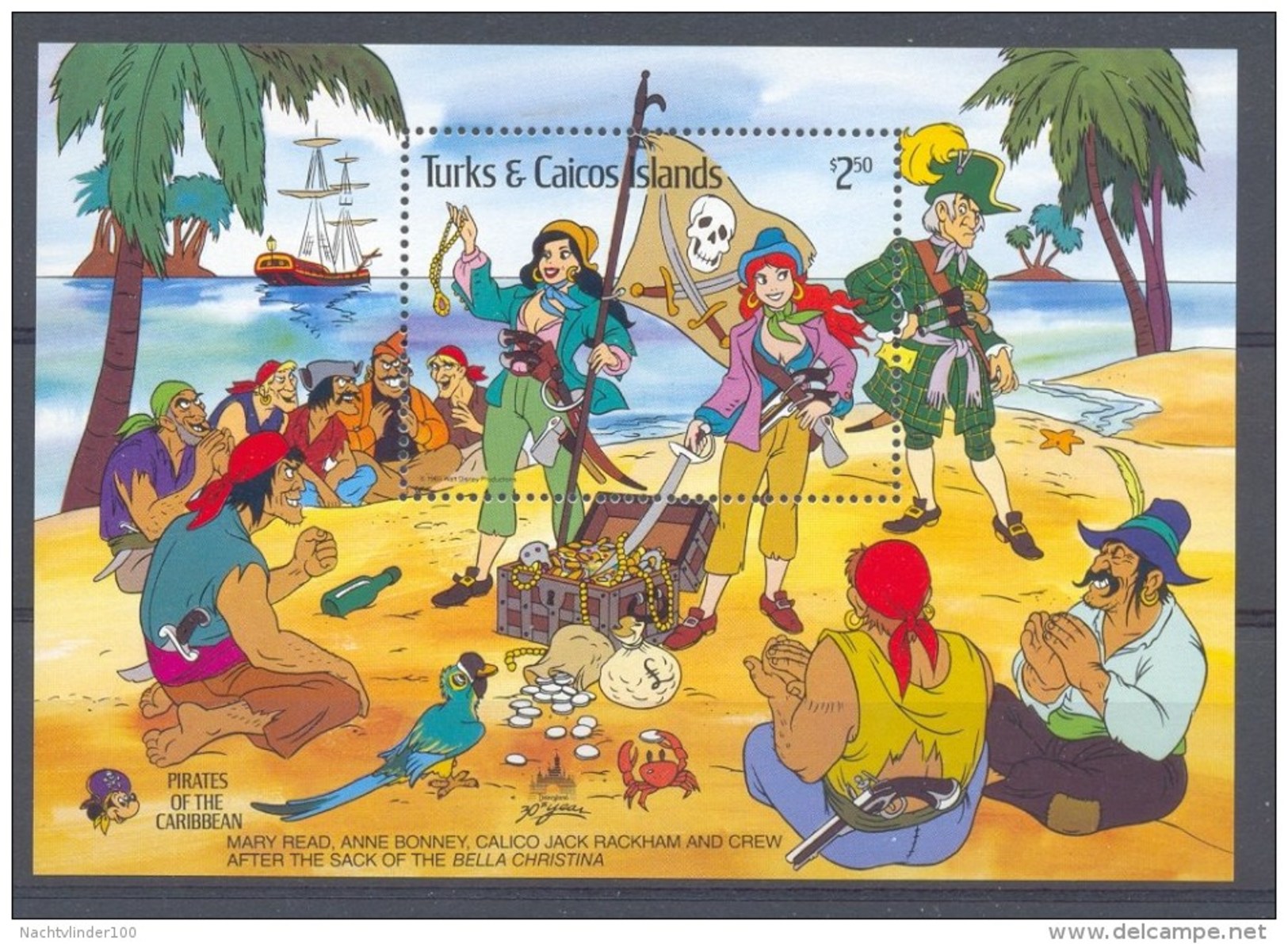 NciA062 WALT DISNEY PIRATEN PAPEGAAI SCHIP CRAB SHIP PIRATES TREASURE PARROT TURKS & CAICOS 1985 PF/MNH - Disney