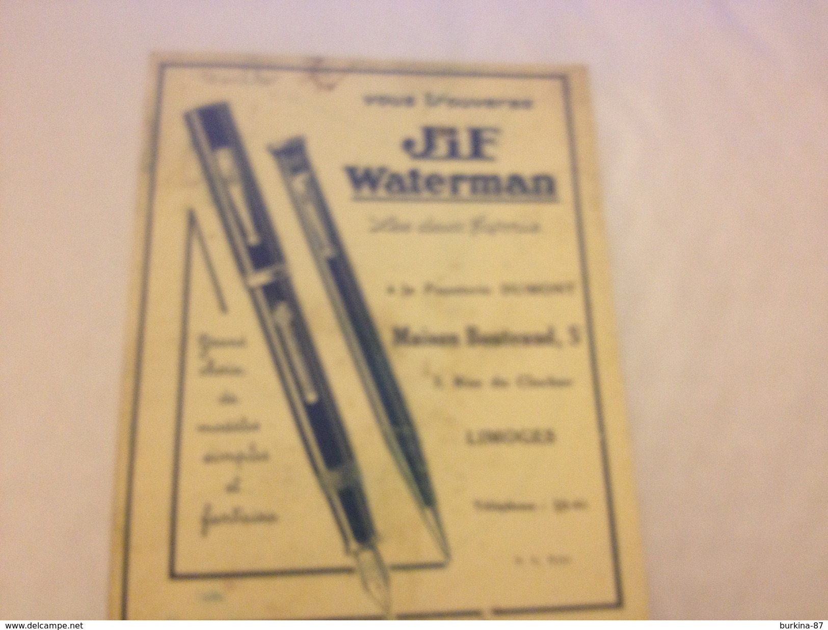 WATERMAN, JIF, Publicité,  Maison BOUTEAUD,  LIMOGES - Pubblicitari