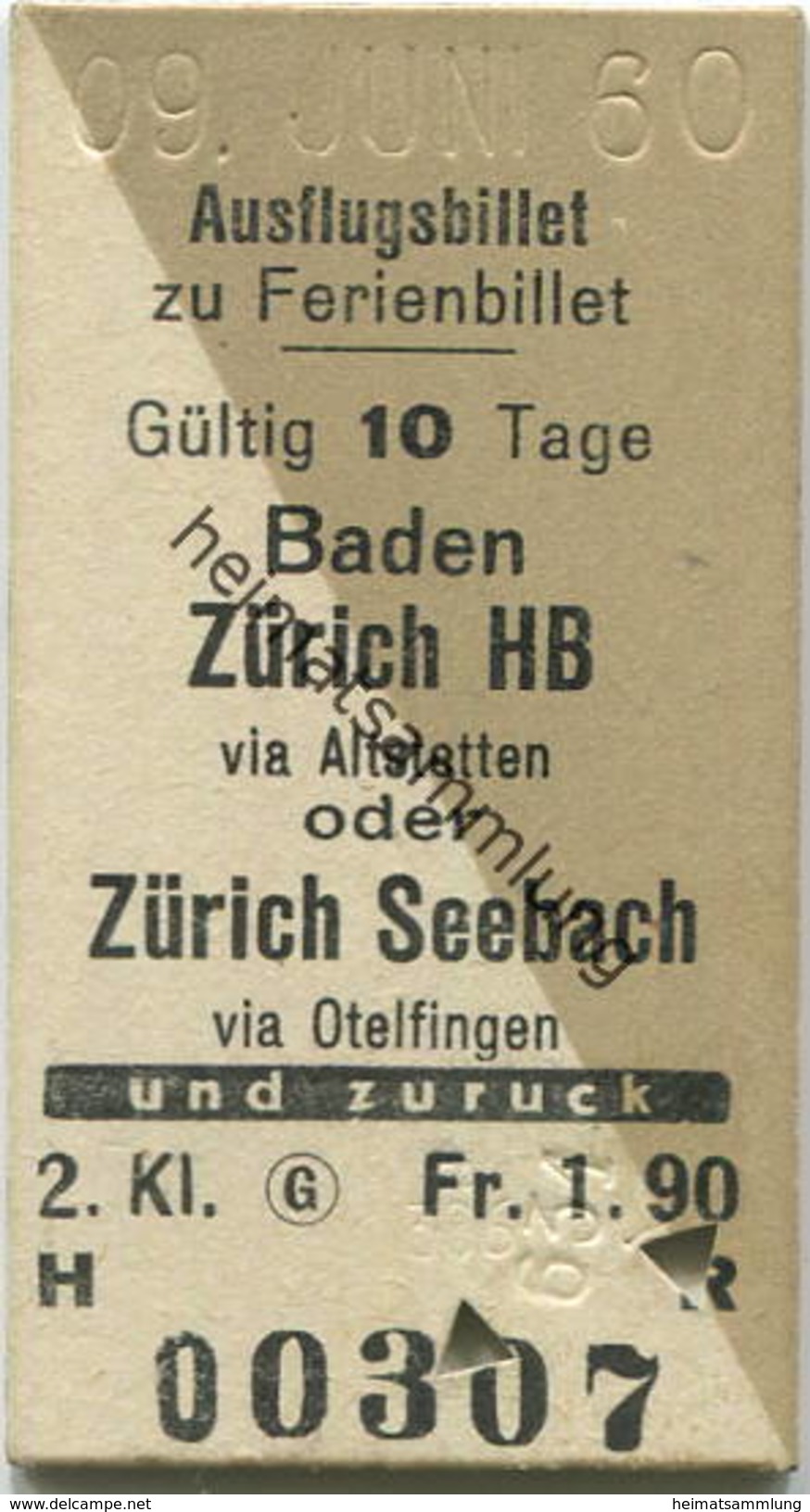 Schweiz - Ausflugsbillet Zu Ferienbillet 1960 - Baden Zürich HB Via Altstetten Oder Zürich Seebach Via Otelfingen Und Zu - Europe