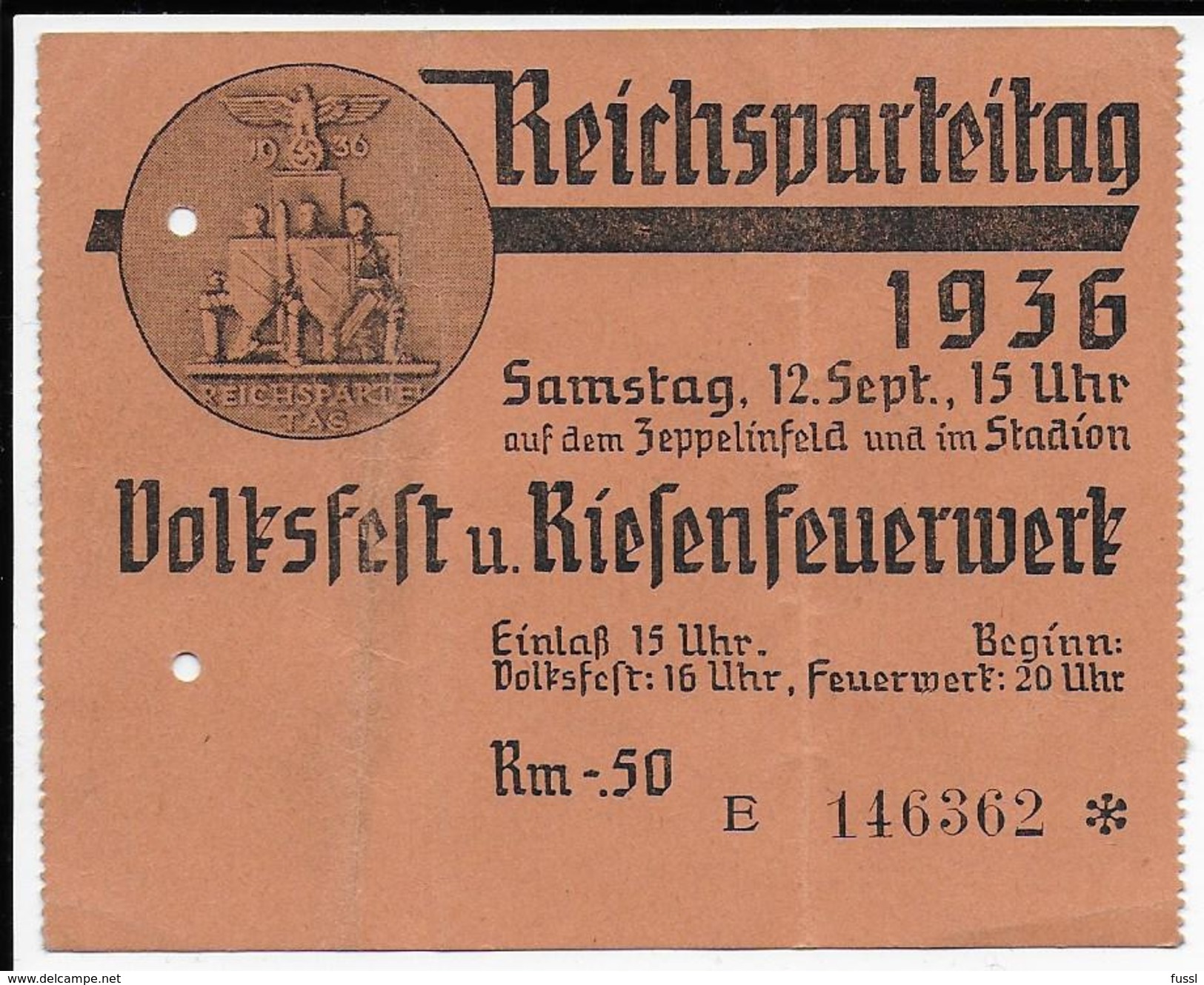 Reichsparteitag Nürnberg, Propaganda, Hakenkreuz, Swastika, Hitler, Eintrittskarte - Guerra 1939-45