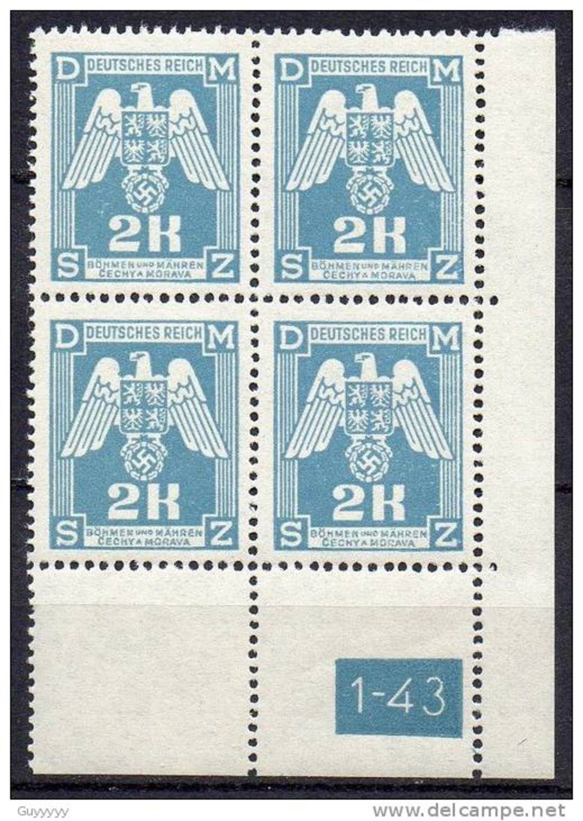 Böhmen Und Märhen - Dienstmarken - 1943 - Michel N° 21 **  Bloc De 4 Coin Avec Numéro - Unused Stamps