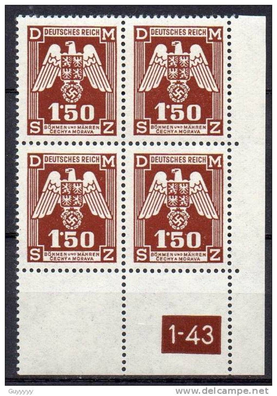 Böhmen Und Märhen - Dienstmarken - 1943 - Michel N° 20 **  Bloc De 4 Coin Avec Numéro - Unused Stamps